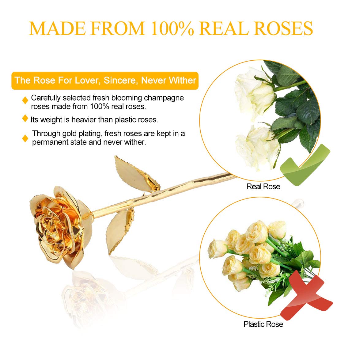 24K Gold Dipped Real Rose Eternal Flower - Luxury Preserved Rose with Stand, Romantic Gift for Wife, Girlfriend, Anniversary, Valentine's Day - Perfect for Weddings, Proposals, and Special Occasions (Gold)