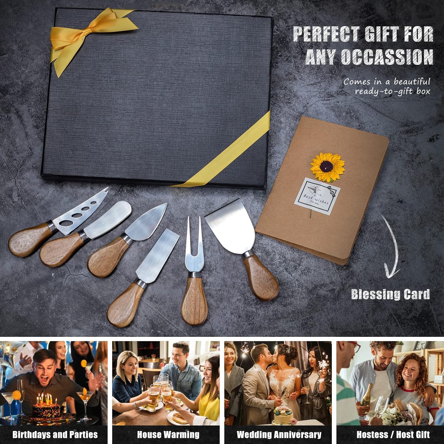 Premium Stainless Steel Cheese Knives Set - 6-Piece Cheese Slicer, Cutter, Fork & Spreader for Charcuterie Boards | Perfect for Wine Parties, Cheese Tasting & Gourmet Entertaining