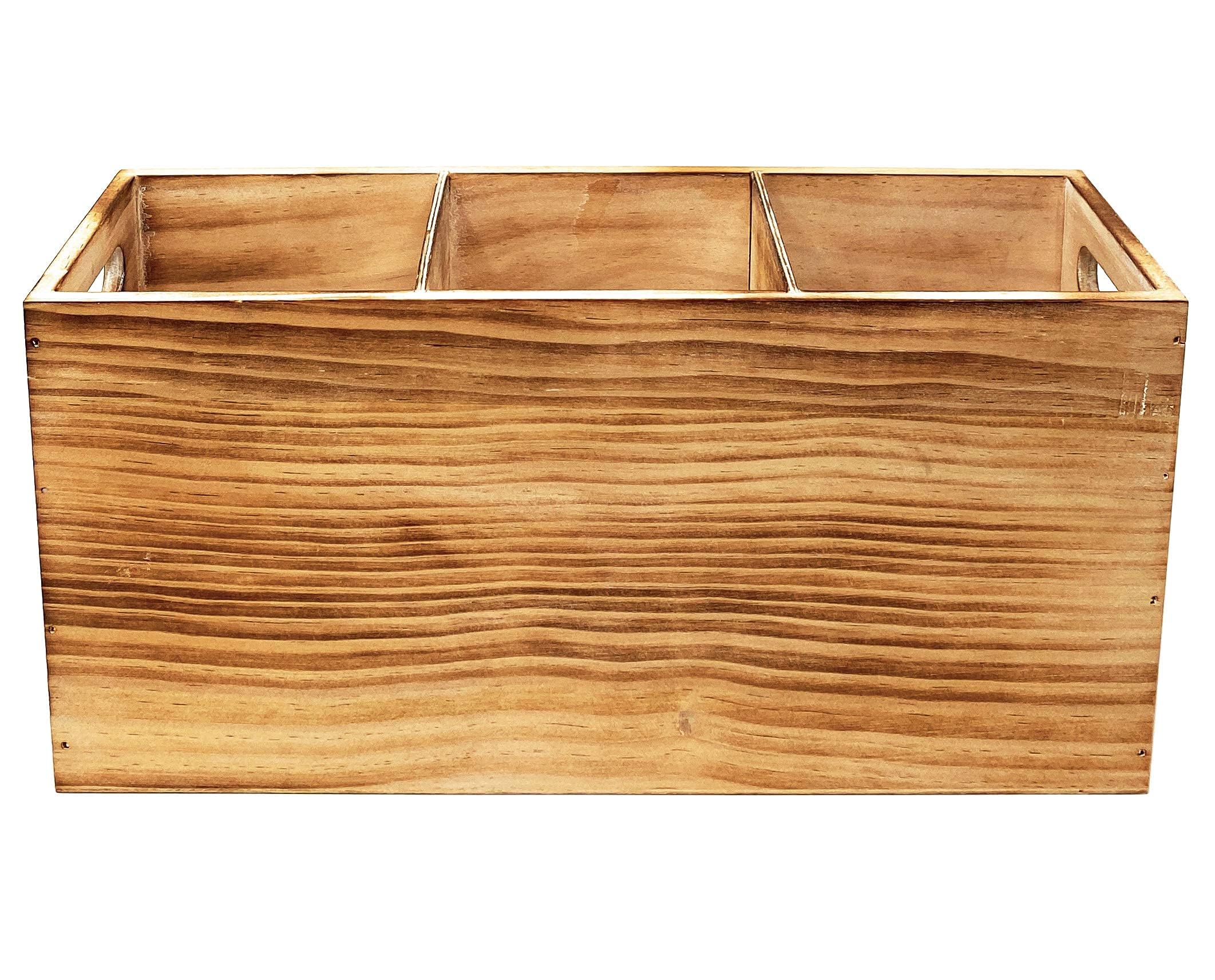 Farmhouse Style Wooden Kitchen Utensil Holder - 3 Compartment Countertop Organizer for Spoons, Spatulas & Cooking Tools - Rustic Kitchen Decor for Counter, Pantry or Dining Table Storage