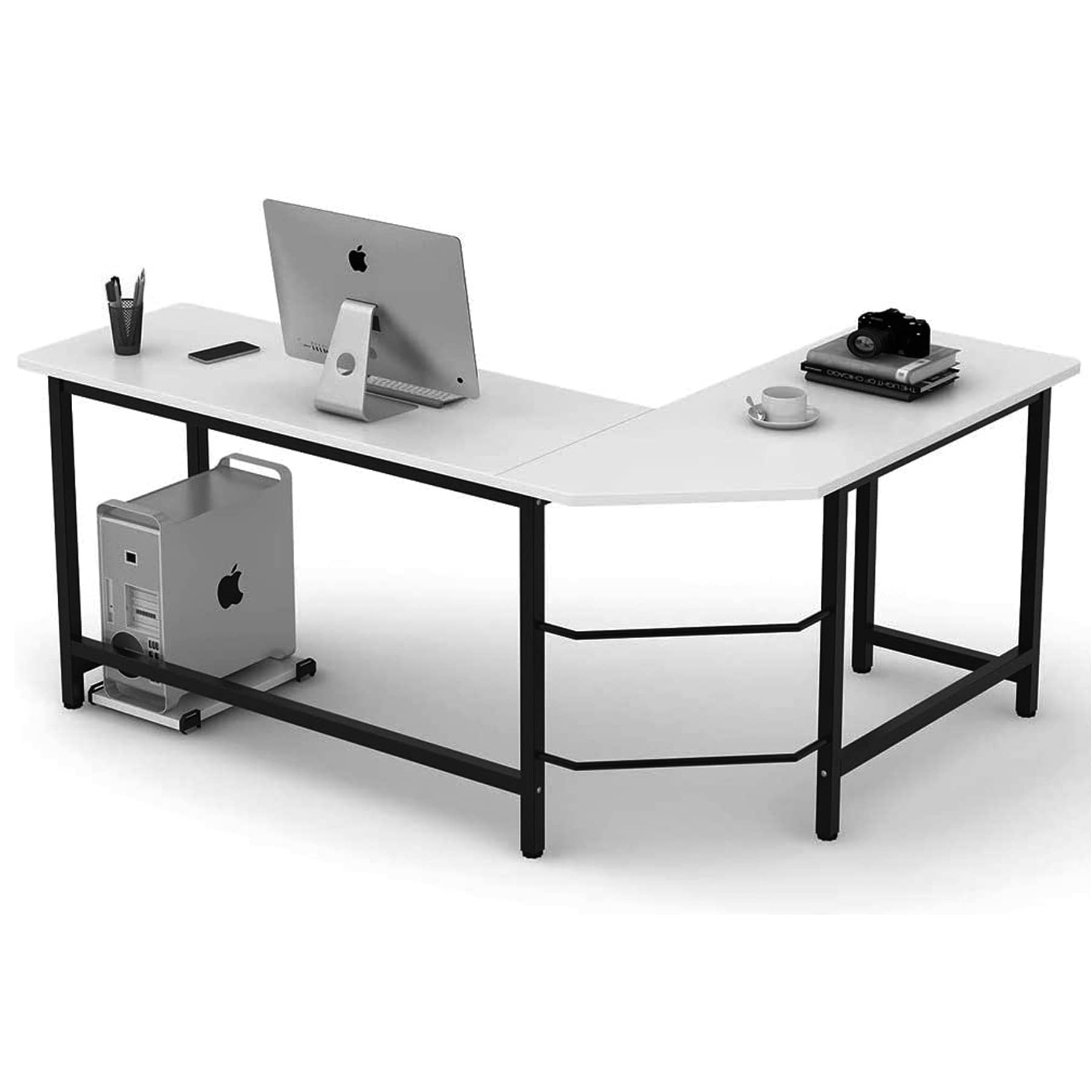 Modern L-Shape Desk Corner Computer Desk with Large Work Surface & CPU Stand - Home Office Workstation Study Table for Small Spaces (White/Black) - Perfect for Gaming Setup, Remote Work & Student Dorm Rooms