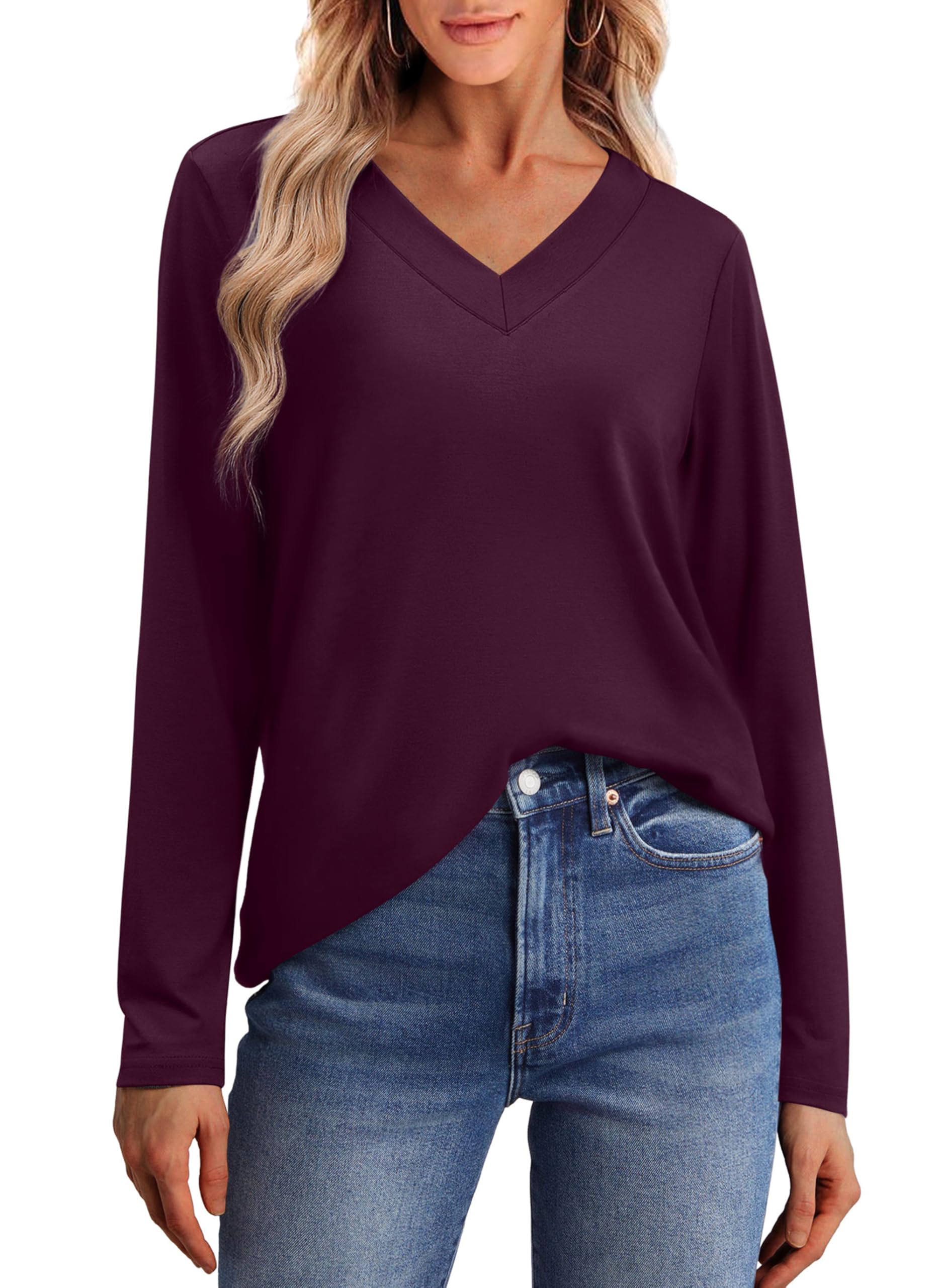 WIHOLL Women's Long Sleeve V-Neck Tunic Tops - Casual Basic Fall Fashion Shirts 2024 | Trendy Layering Piece for Work, Weekend & Autumn Outfits
