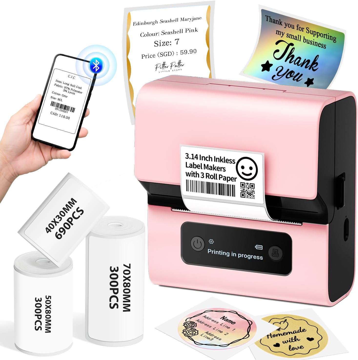 M221 Label Maker - 3 Inch Pink Bluetooth Thermal Label Printer for Small Business, Crafts, Clothing & Food Packaging | Portable, Easy to Install | Works with Phone & PC | Includes 3 Roll Paper Set | Perfect for Retail, Shipping & Organization
