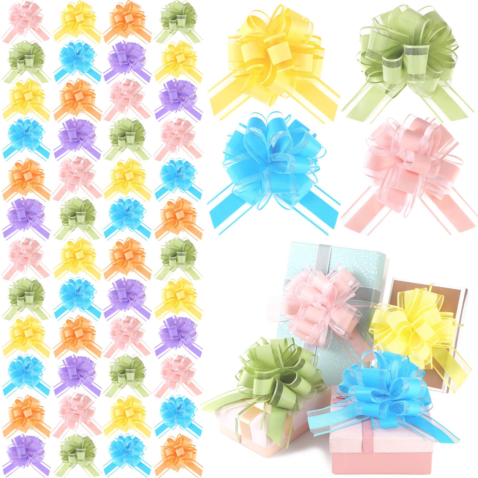 48 Pcs 6 Inch Large Easter Pull Bows - Matte Gift Wrap Ribbon Bows for Wrapping Boxes, Easter Party Decorations 2025 - Perfect for Easter Gift Wrapping, Basket Decor, and Spring Party Decorations