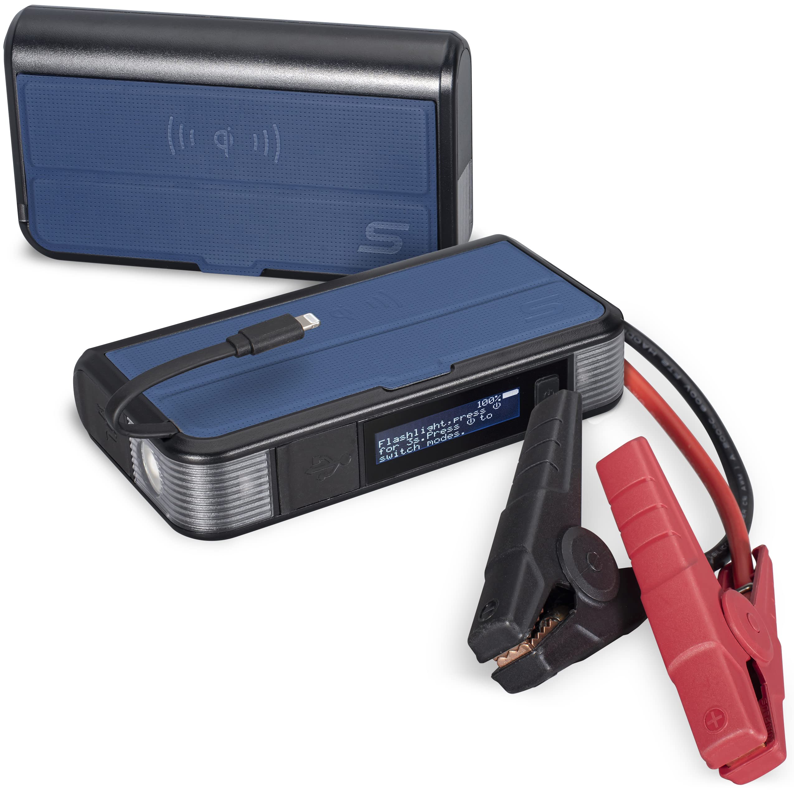 Type S 1000A 12V Car Battery Jump Starter for Gas & Diesel Engines (Up to 6.0L Gas/3.0L Diesel) - 8000mAh Portable Power Bank with Built-in Lightning Cable, Qi Wireless Charging, LCD Display & Flashlight | MFI Certified & UL-Listed (Blue) - Perfect for Emergency Roadside Assistance, Camping & Power Outages