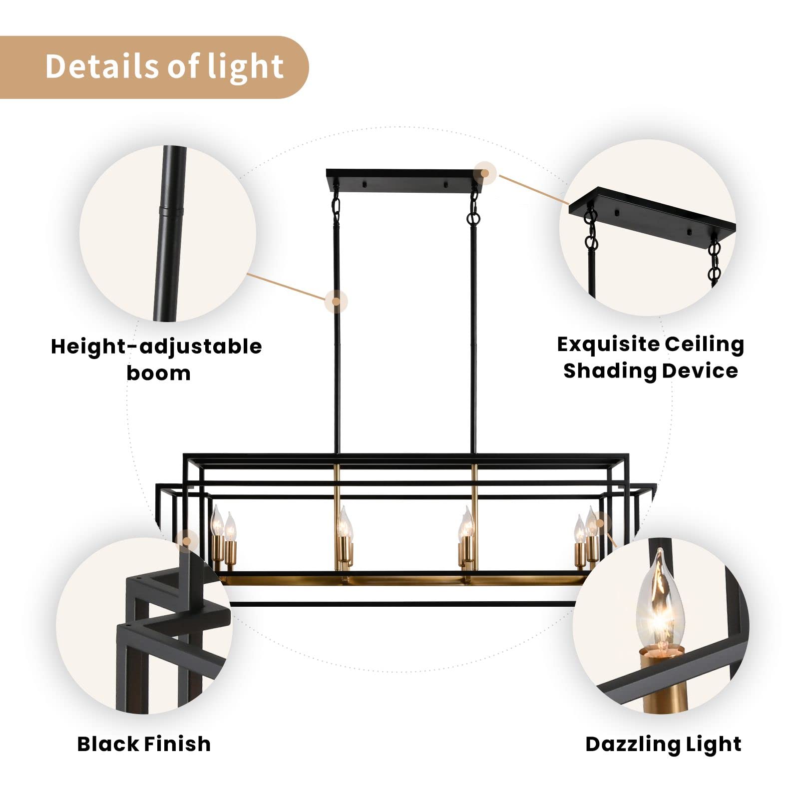 8-Light Black and Gold Rectangle Chandelier - Modern Farmhouse Kitchen Island Lighting with Brushed Brass Sockets - Perfect for Dining Room, Breakfast Nook, and Over Table Lighting