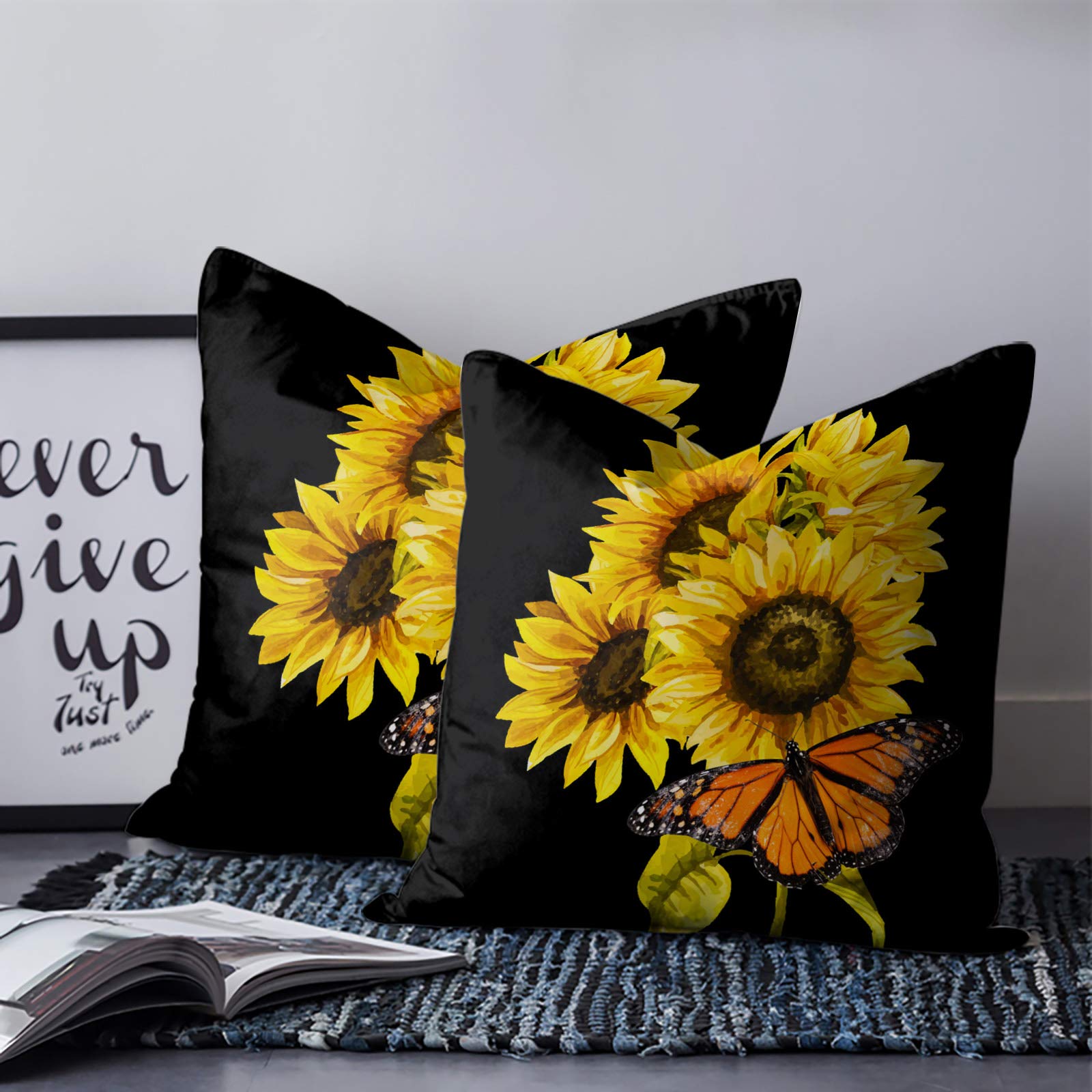 Muswanna Yellow Sunflower & Monarch Butterfly Throw Pillow Covers - Soft Brushed Fabric Square Decorative Cushion Covers for Sofa, Couch, Bedroom & Living Room - Home Decor Accent