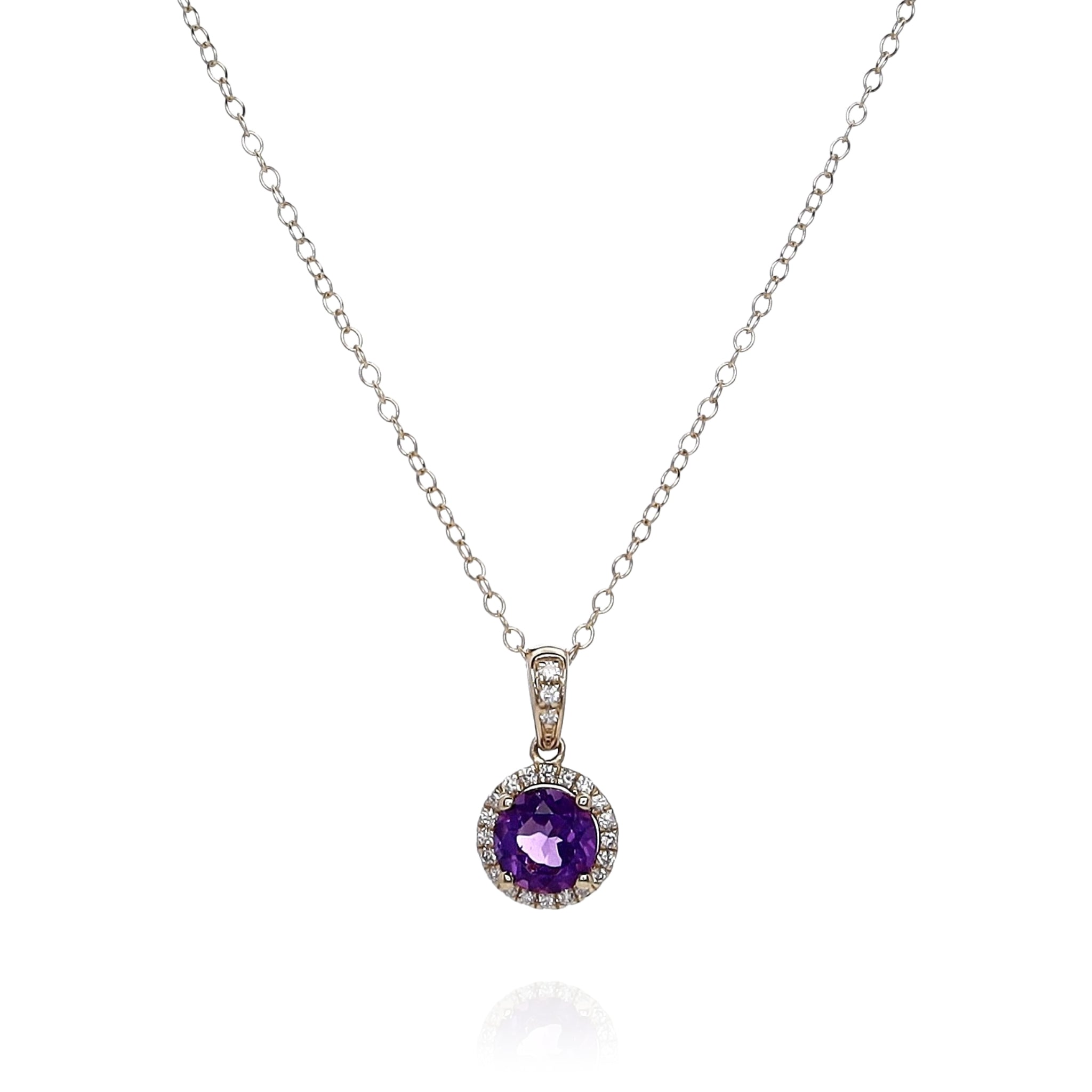 14K Yellow Gold Round Amethyst and Diamond Halo Pendant Necklace for Women | Elegant Jewelry Gift for Birthday, Anniversary & Valentine's Day