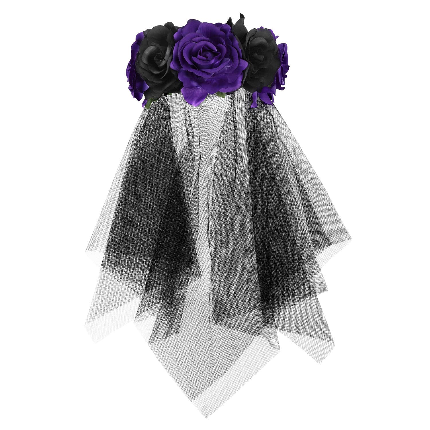 Day of The Dead Veil Headbands - Black Halloween Rose Flower Headpiece for Costume & Party Accessories | Perfect for Dia de los Muertos, Halloween, Cosplay, and Themed Events