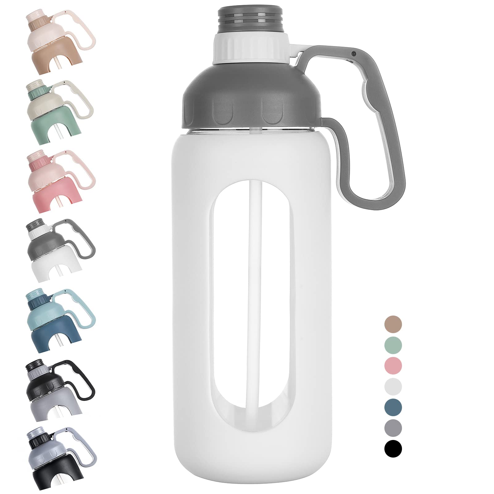MUKOKO 56oz Glass Water Bottle with Straw & Handle - Leakproof BPA Free for Gym, Hiking, Office
