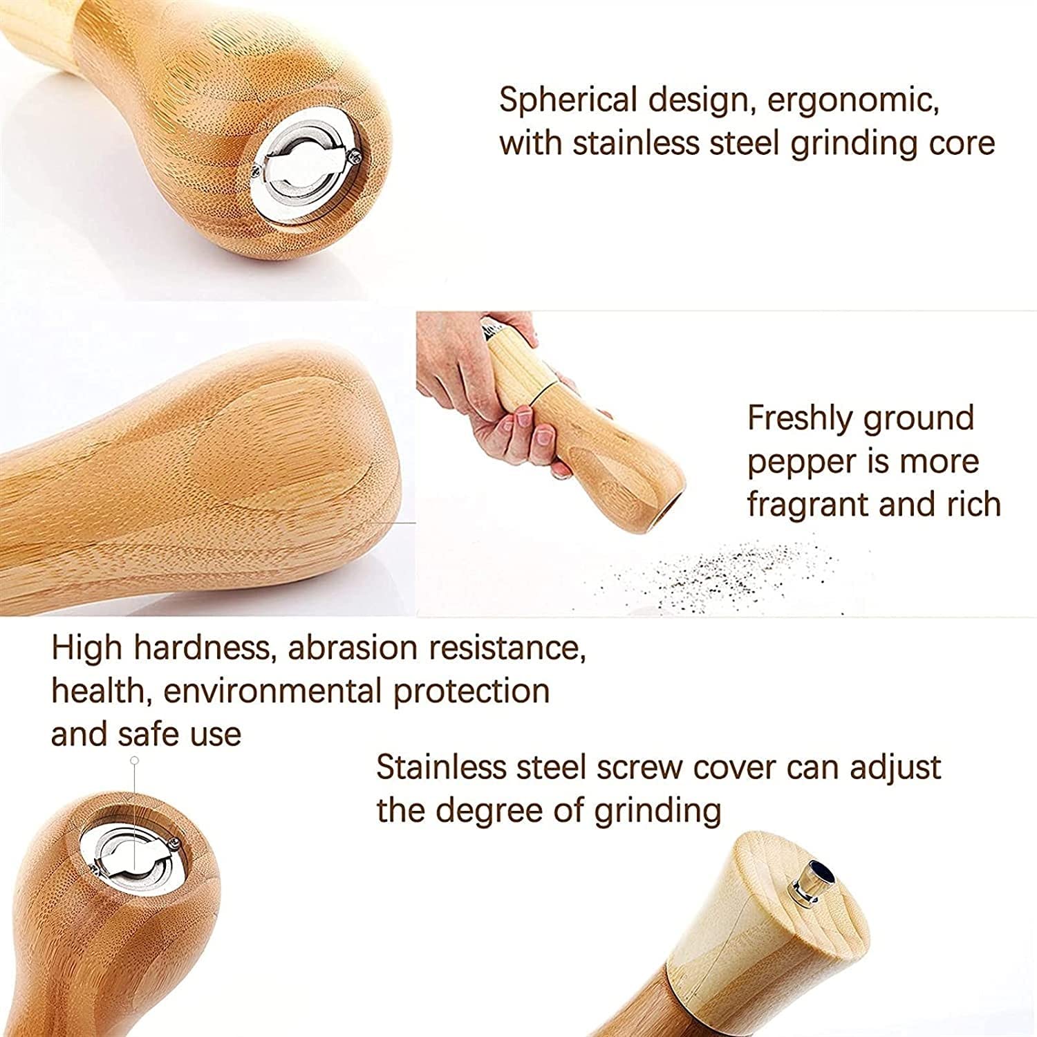 Premium Bamboo Wooden Salt and Pepper Grinder Set - 2 Pack Refillable Adjustable Ceramic Mill for Sea Salt & Black Pepper - Perfect for Kitchen, Dining Table & Camping Seasoning Needs
