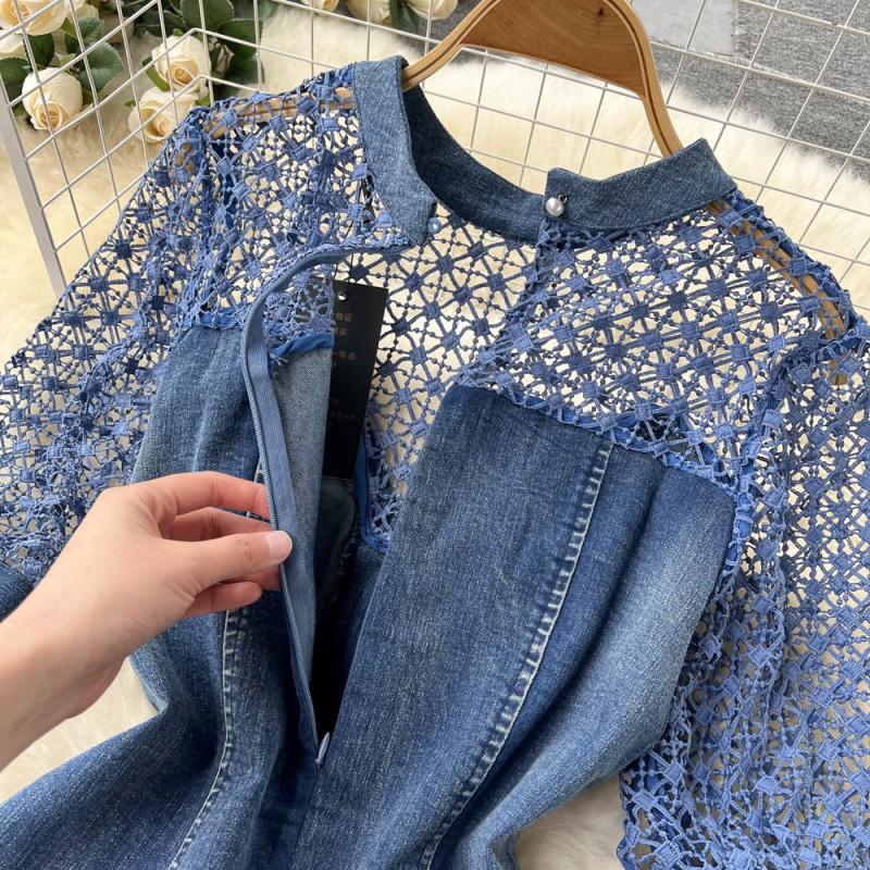 Elegant Beaded Round Neck Lace Stitching Denim Mermaid Dress with Short Sleeves - Perfect for Evening Parties, Weddings & Special Occasions