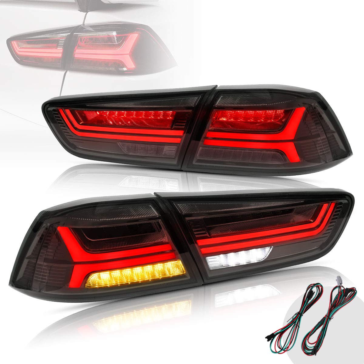 YUANZHENG Full LED Tail Lights Assembly for Mitsubishi Lancer EVO X Sedan 2008-2018 - Smoked Lens Sequential Turn Signal Rear Lamps (YAB-YS-0155BH) - Driver & Passenger Side Replacement - Perfect for Night Driving & Car Customization