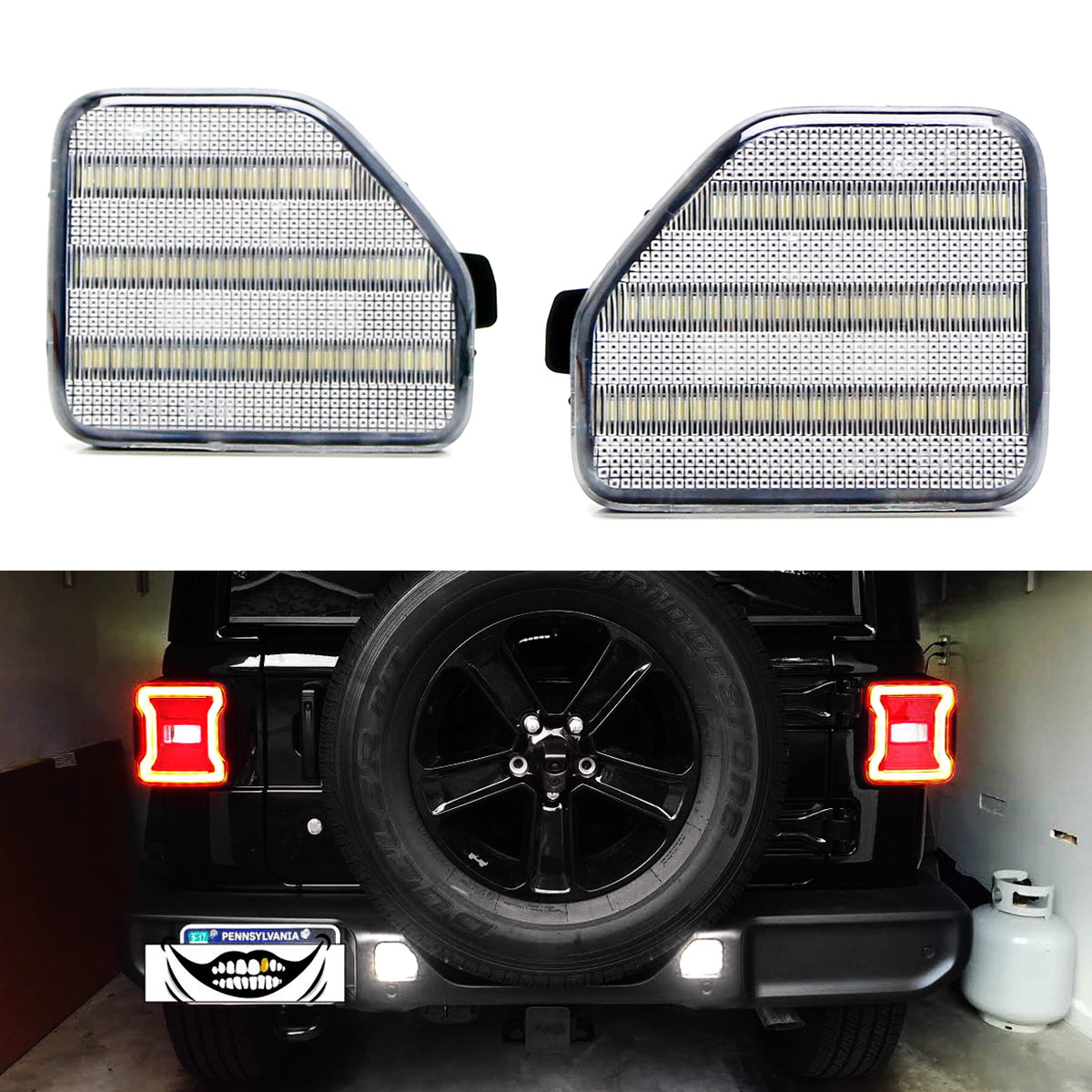 Clear Lens White LED Rear Bumper Reflector Light Kit for 2018+ Jeep Wrangler JL - Upgrade Your Off-Road Safety & Style for Night Driving & Trail Adventures