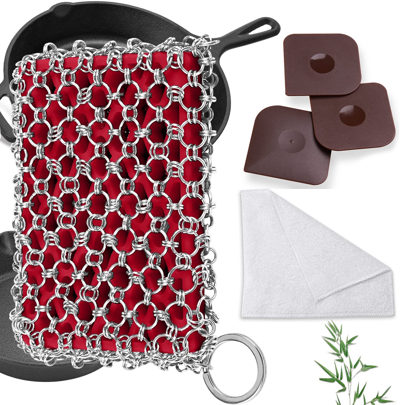 Chain Mail Scrubber + 3-Pack Cast Iron Scraper & Seasoning Rag Kit - Heavy Duty Cast Iron Cleaner for Grill, Skillet & Dutch Oven Maintenance - Perfect for Outdoor Cooking & Camping