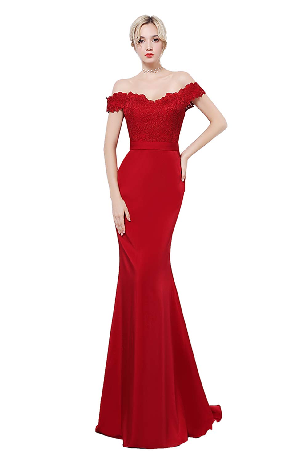 Elegant Long Mermaid Prom Dress Off The Shoulder Lace Evening Gown for Women - Wine Red Bridesmaid Dress for Formal Parties, Weddings & Special Occasions
