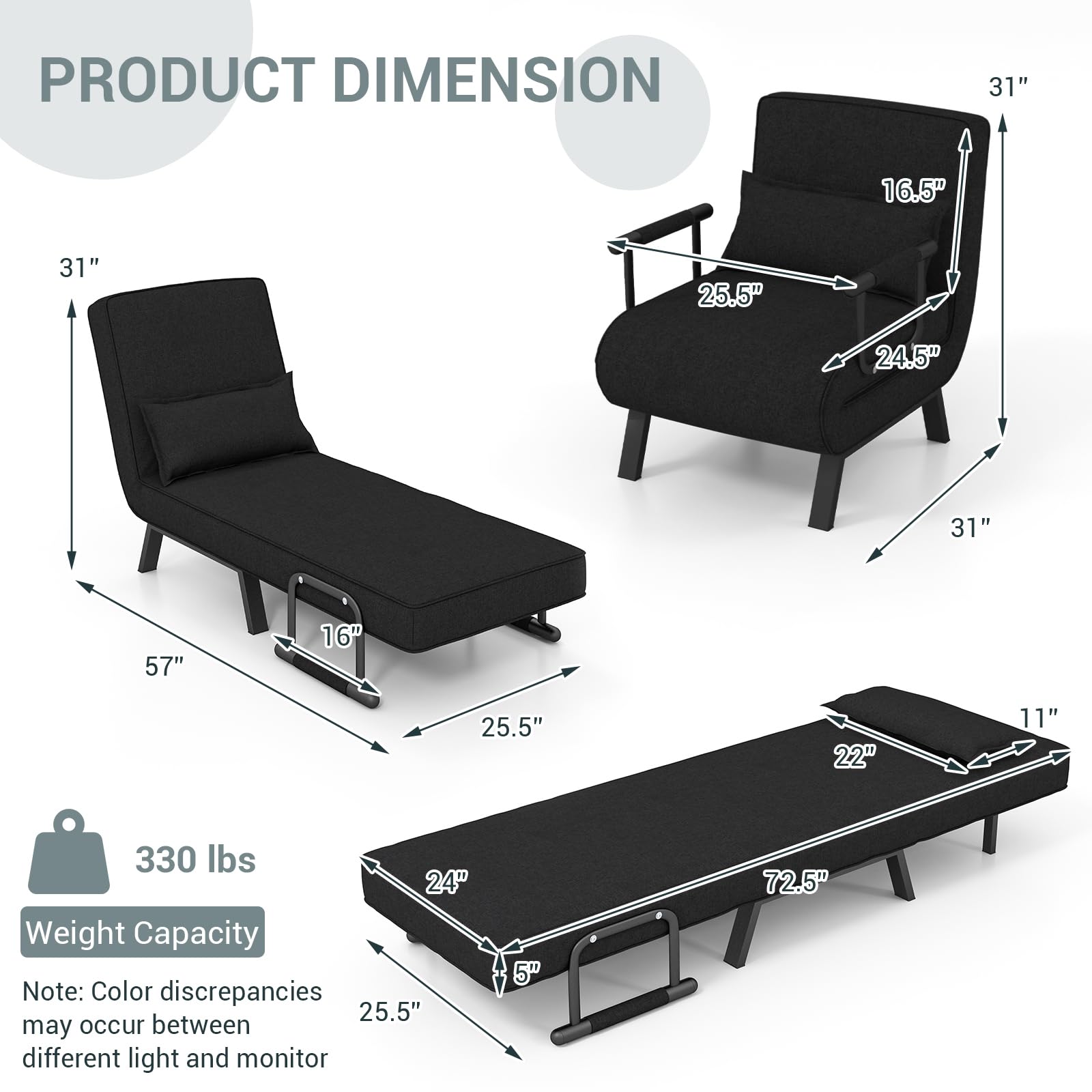 HOMGX 4-in-1 Convertible Sofa Bed - Adjustable Recliner Chair with 6-Position Backrest, Foldable Sleeper with High Elastic Sponge - Perfect for Living Room, Bedroom, Office & Small Spaces (Black)