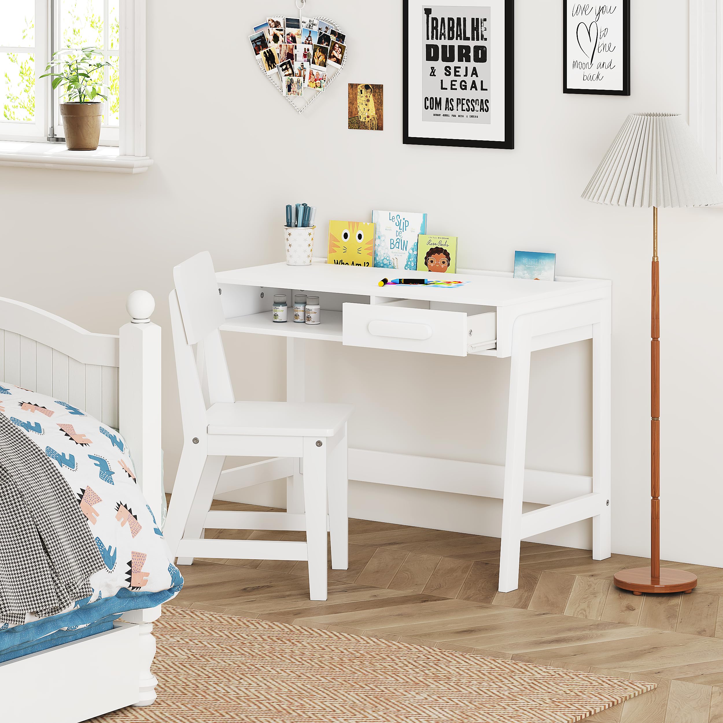 UTEX Kids Desk and Chair Set - Adjustable Wooden Study Desk with Storage Drawers, Ergonomic Children's Writing Table & Computer Workstation for Homework, Online Learning in Bedroom, Study Room or Homeschool Classroom