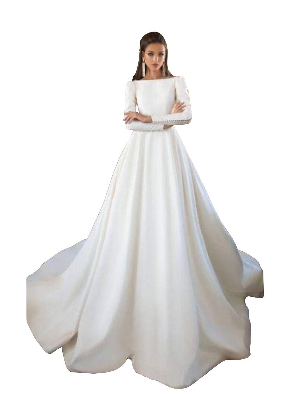 Emanni Women's A-Line Simple Wedding Dress Long Sleeves Boat Neck Satin Gown Ivory - Elegant Bridal Gown for Church, Beach & Formal Weddings