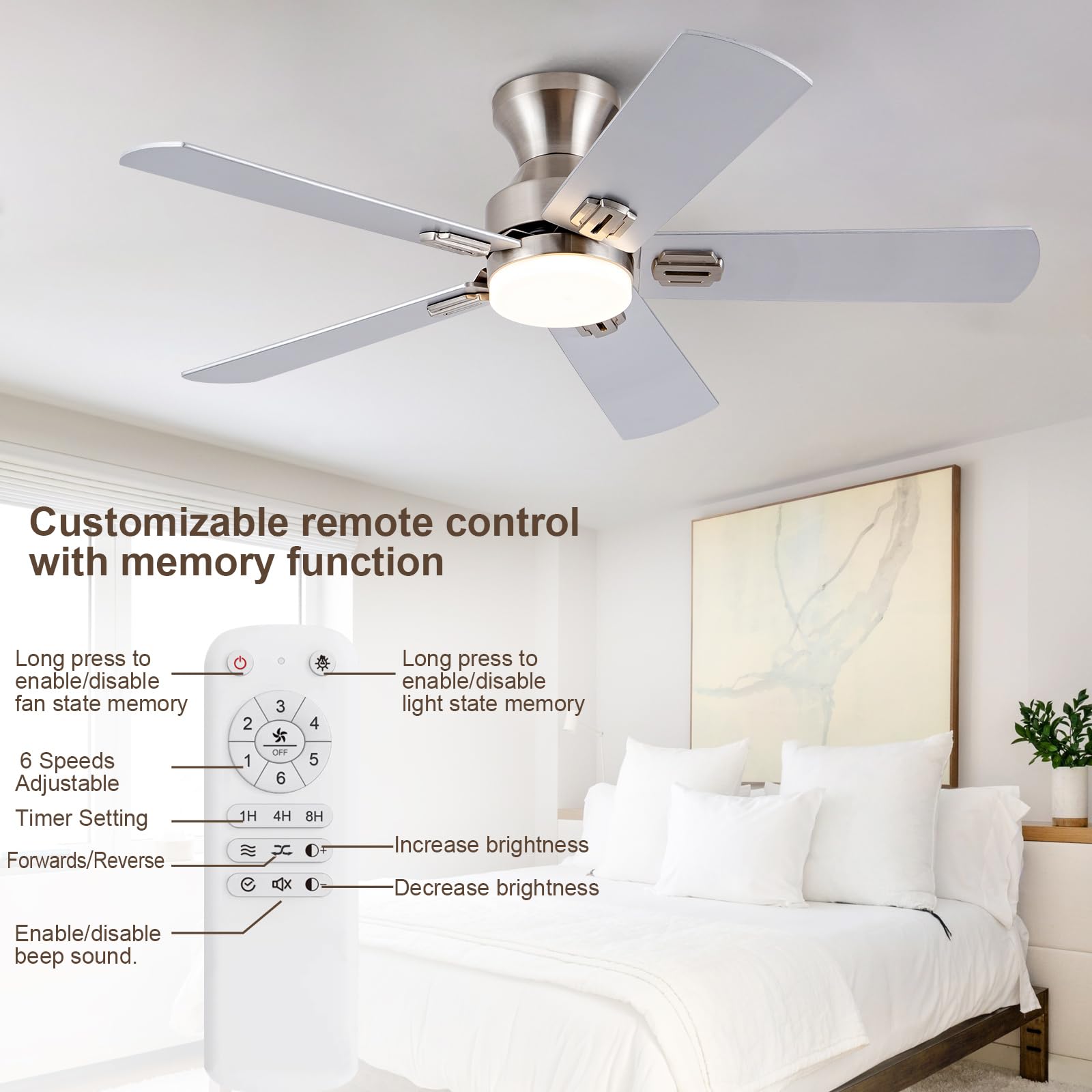 48 Inch Brushed Nickel Ceiling Fan with Light and Remote Control - Low Profile Flush Mount Modern Design, 5 Blades, Dimmable LED Light, 6-Speed DC Motor - Perfect for Bedroom, Living Room, Patio, and Indoor/Outdoor Use
