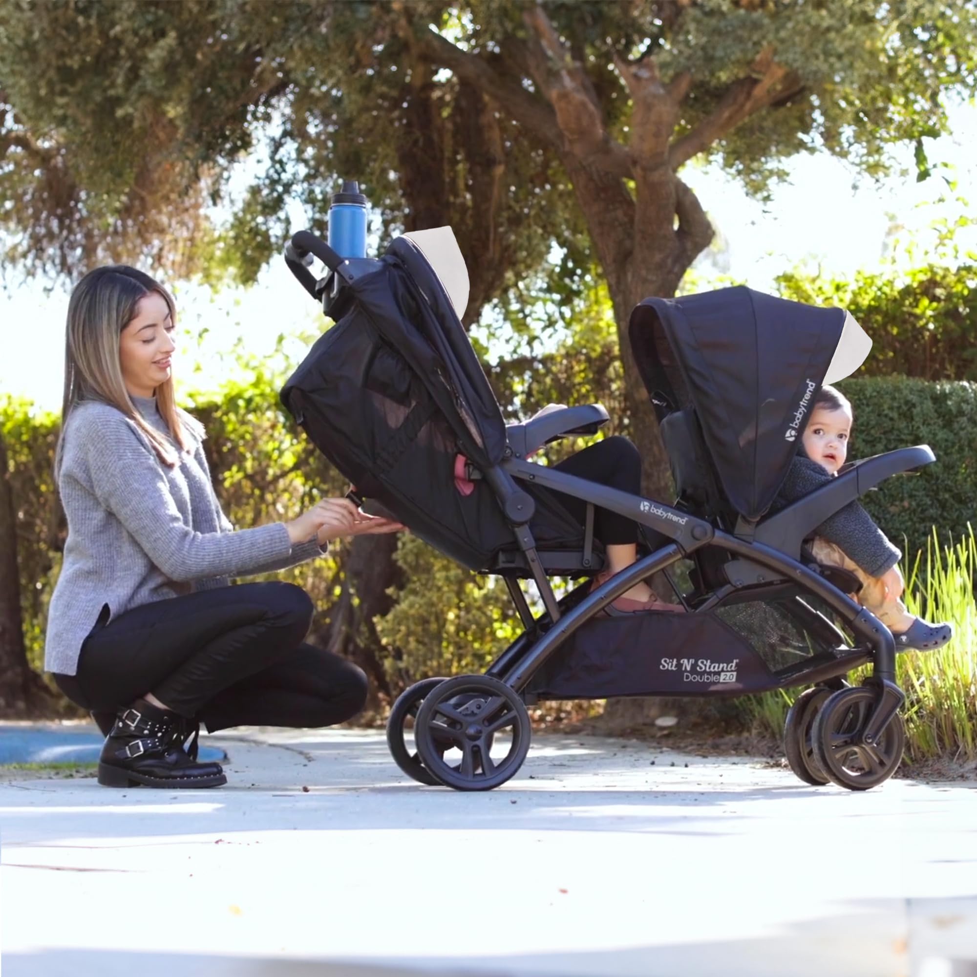Baby Trend Sit N' Stand Tandem Double Stroller 2.0 DLX - 5-Point Safety Harness, Adjustable Canopy, Large Storage Basket & Cup Holders - Modern Khaki - Perfect for Twins, Siblings or Infant & Toddler Duo - Ideal for Shopping, Travel & Daily Walks