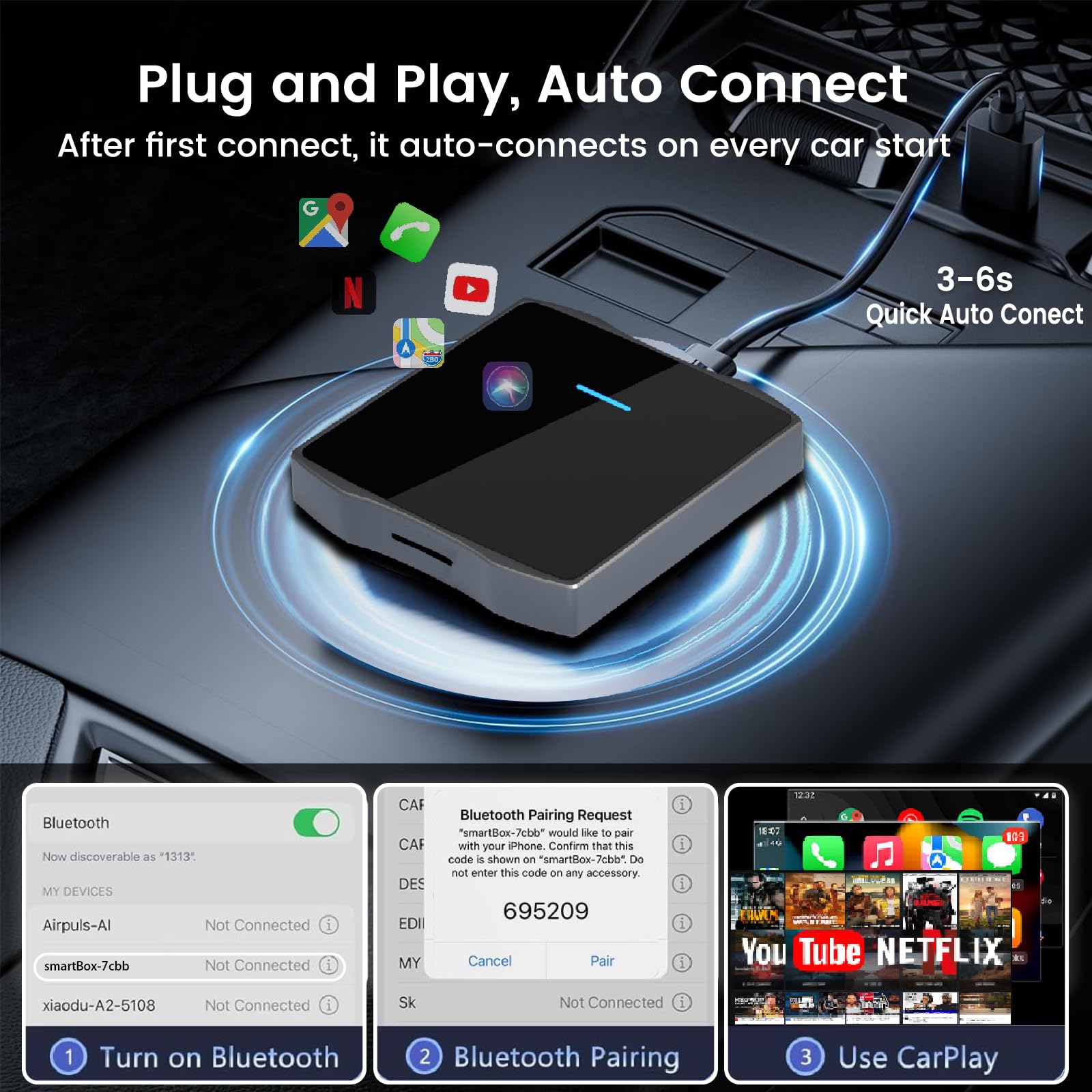 2025 Upgraded Wireless CarPlay Adapter - Plug & Play Apple CarPlay & Android Auto Dongle with Netflix/YouTube Support & TF Card Slot | For Seamless In-Car Entertainment & Navigation