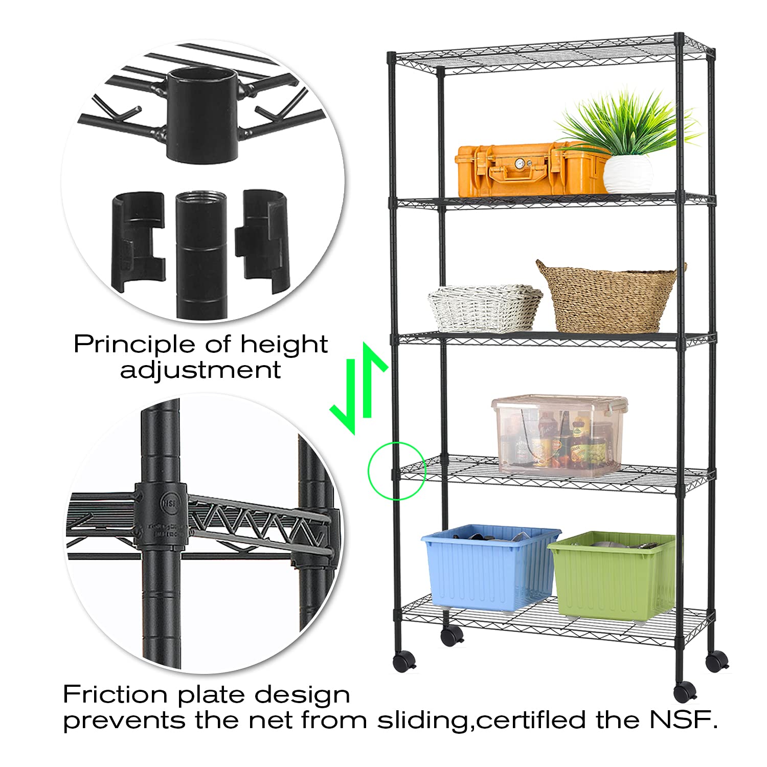 5-Tier Heavy Duty Metal Wire Shelving Unit with Wheels, 60