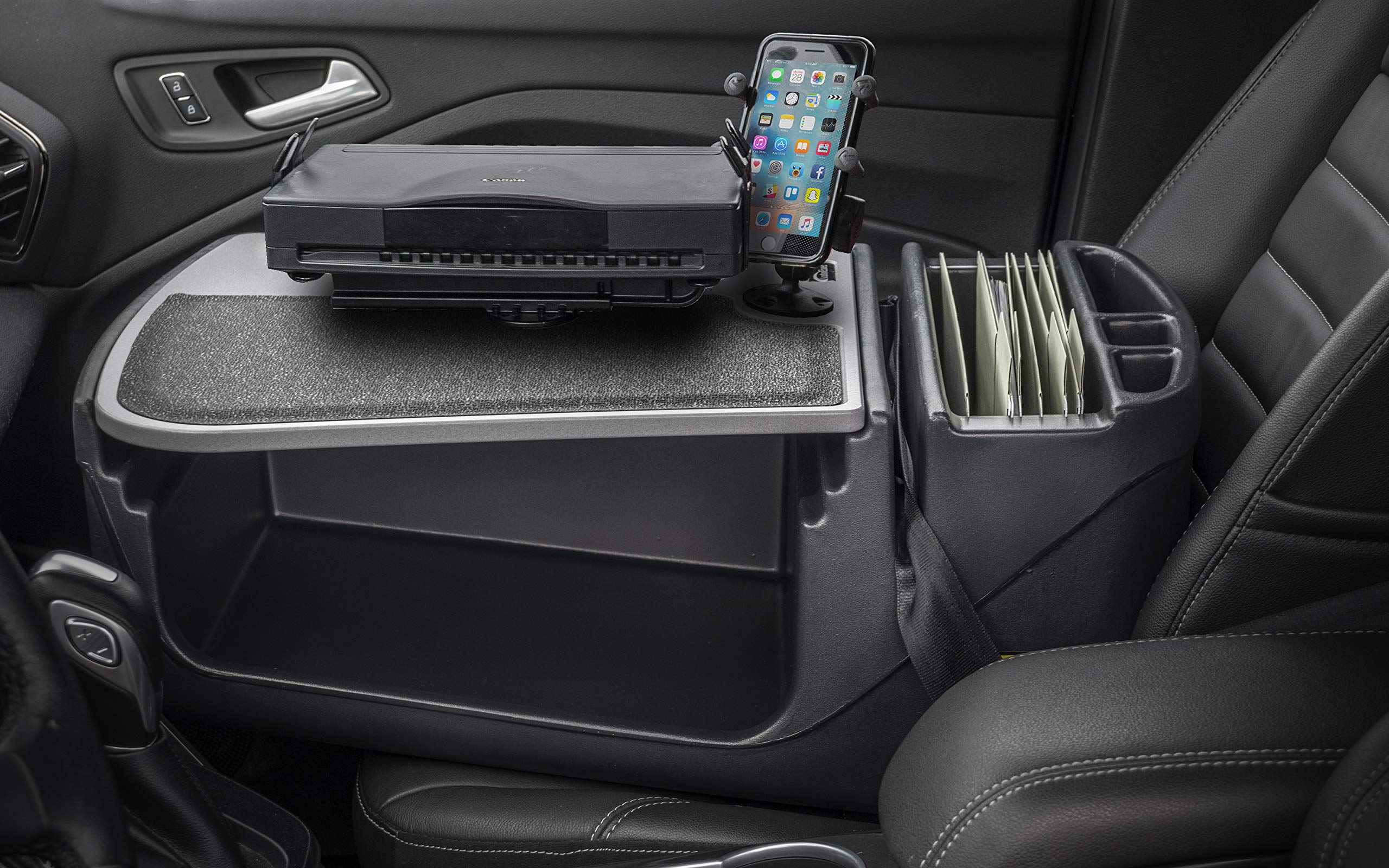 AutoExec AUE08150 Efficiency GripMaster Car Desk - Grey Office Organizer with 200W Power Inverter, Phone Mount & Printer Stand - Perfect for Mobile Professionals, Truck Drivers & Road Trips