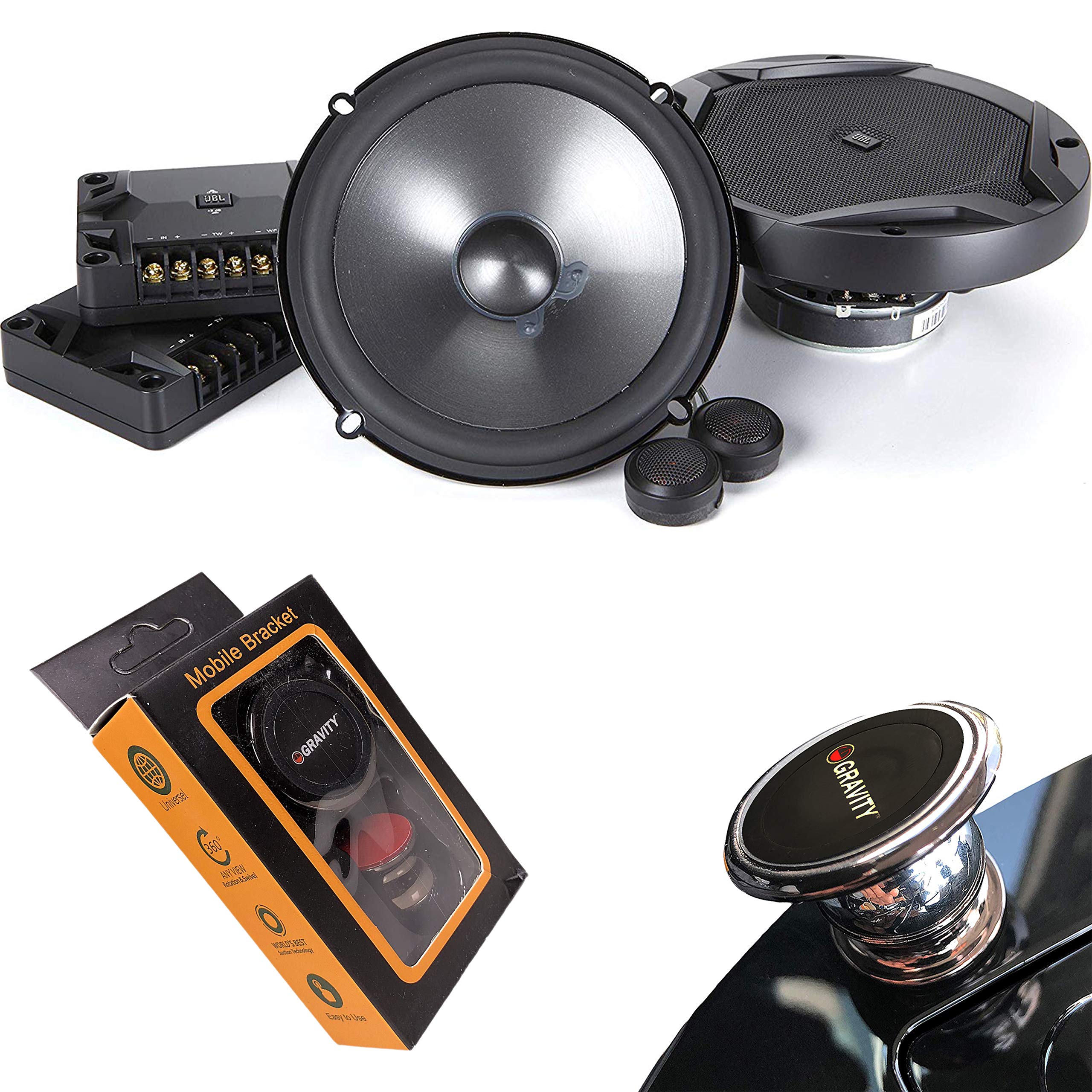 JBL GX600C 6.5 Inch 420W 2-Way Component Car Speakers with Gravity Magnet Phone Holder - Premium Sound System for Cars, Trucks & SUVs - Perfect for Road Trips, Commuting & Music Lovers