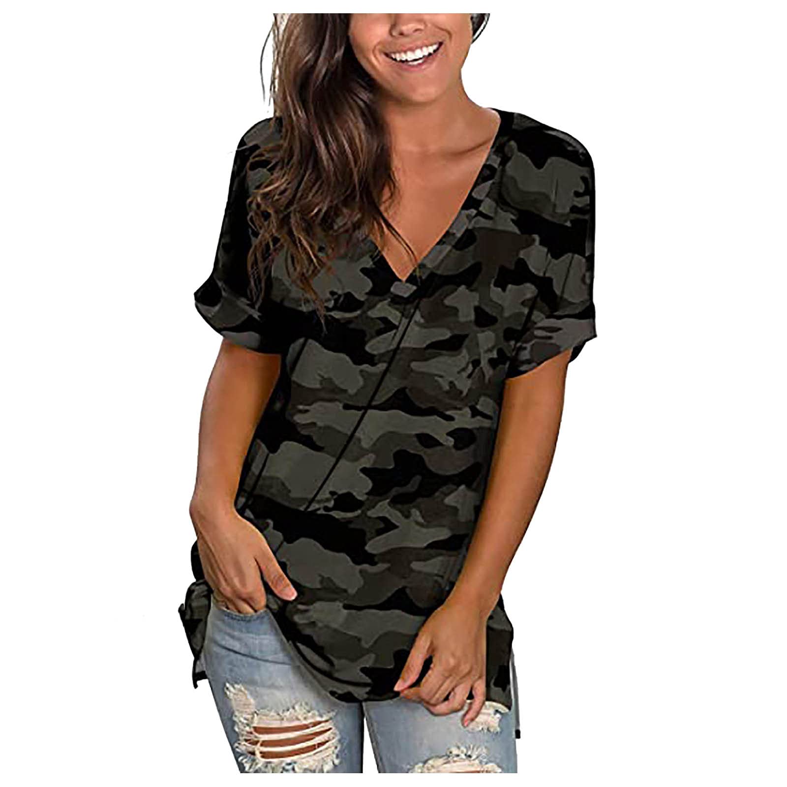 ETHKIA Women's Summer Casual Loose V-Neck Printed T-Shirt - Soft Breathable Blouse for Everyday Wear, Outing & Vacation