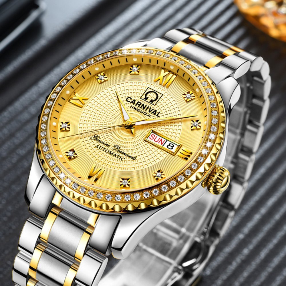 Gosasa Swiss Made Men's Luxury Gold Watch - Automatic Analog Display with Calendar, Week Indicator & Luminous Hands - 18K Gold Plated Stainless Steel Diamond Watch for Business, Formal Events & Gifts