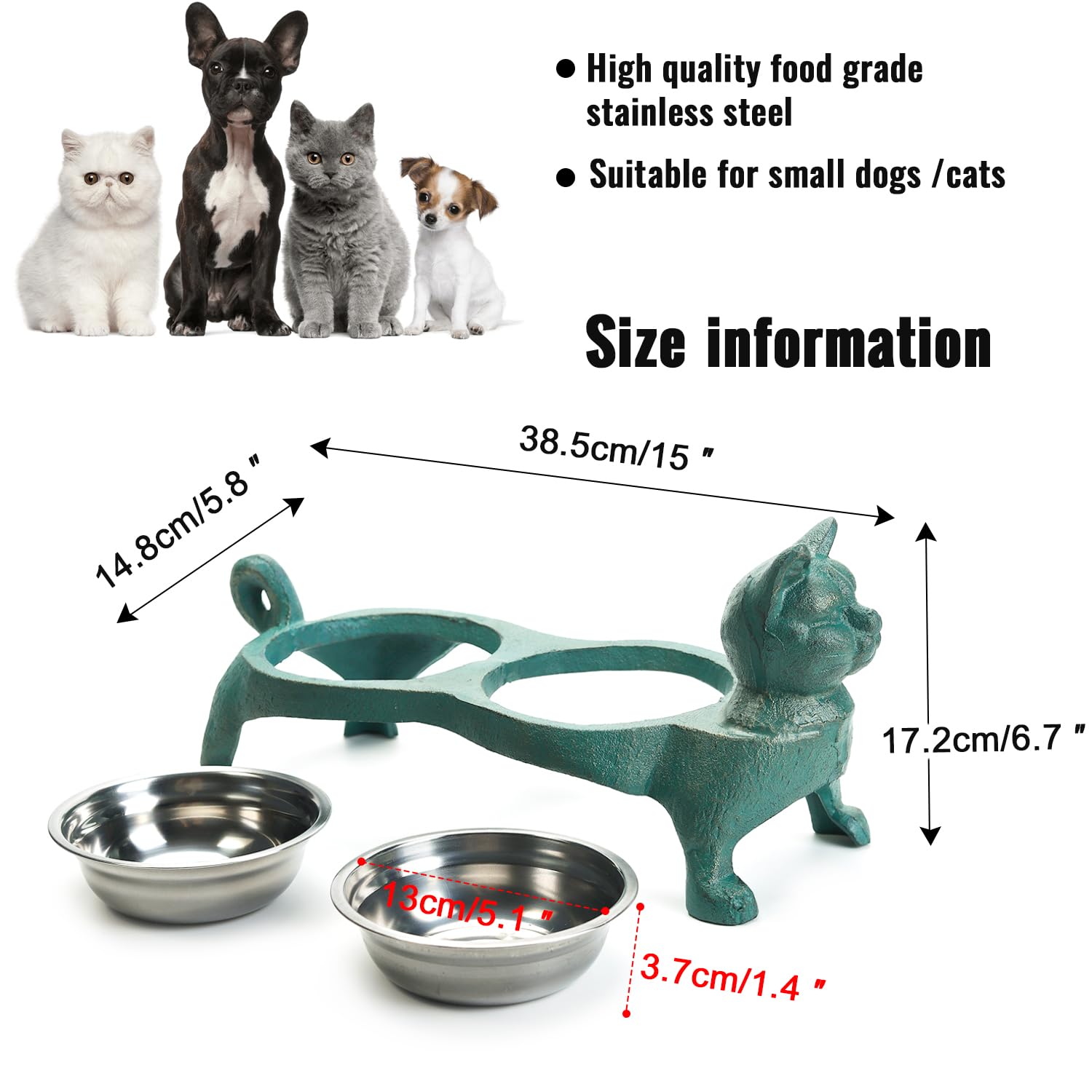 Sungmor Raised Cat Bowls - Heavy Duty Non-Slip Cast Iron Stand with 2 Stainless Steel Pet Food & Water Dishes - Elevated Feeder for Cats & Small Dogs - Perfect for Home, Kitchen, or Outdoor Use - 15.2x6.7x5.9 Inch