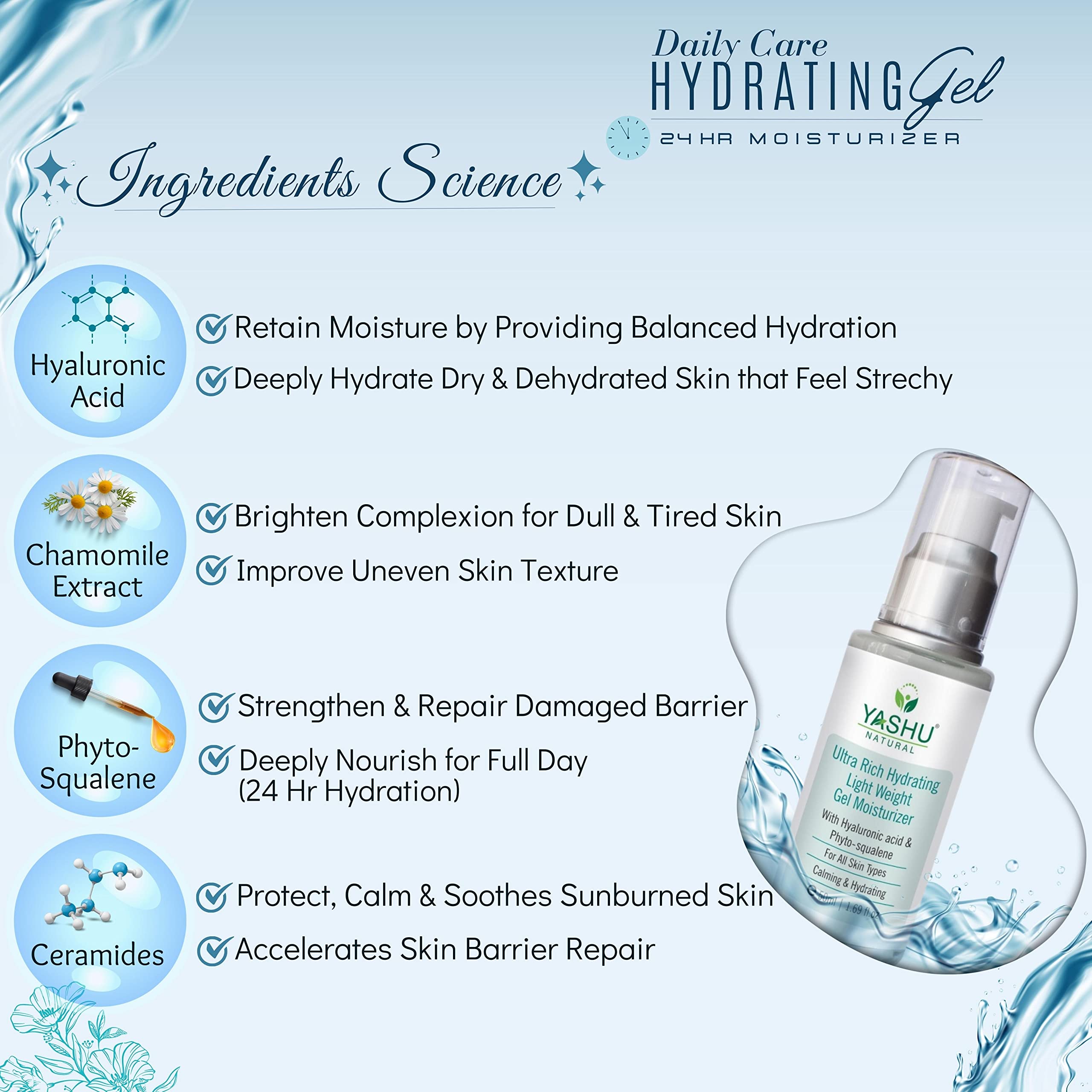 YASHU Lightweight Hydrating Gel Cream with Hyaluronic Acid & Squalane - Brightening Moisturizer for Glowing Skin, Improves Skin Smoothness & Evens Skin Tone (50ml) | Perfect for Daily Skincare Routine & Nighttime Hydration