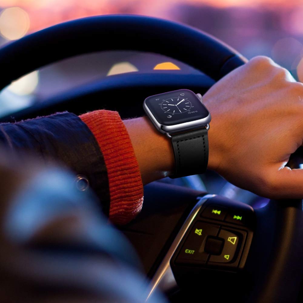 KYISGOS Genuine Leather Replacement Band for Apple Watch Series 1/2/3/4/5/6/7/8/9/10 & SE - Compatible with 38mm 40mm 41mm 42mm iWatch - Black/Silver - Perfect for Workouts, Office & Everyday Wear