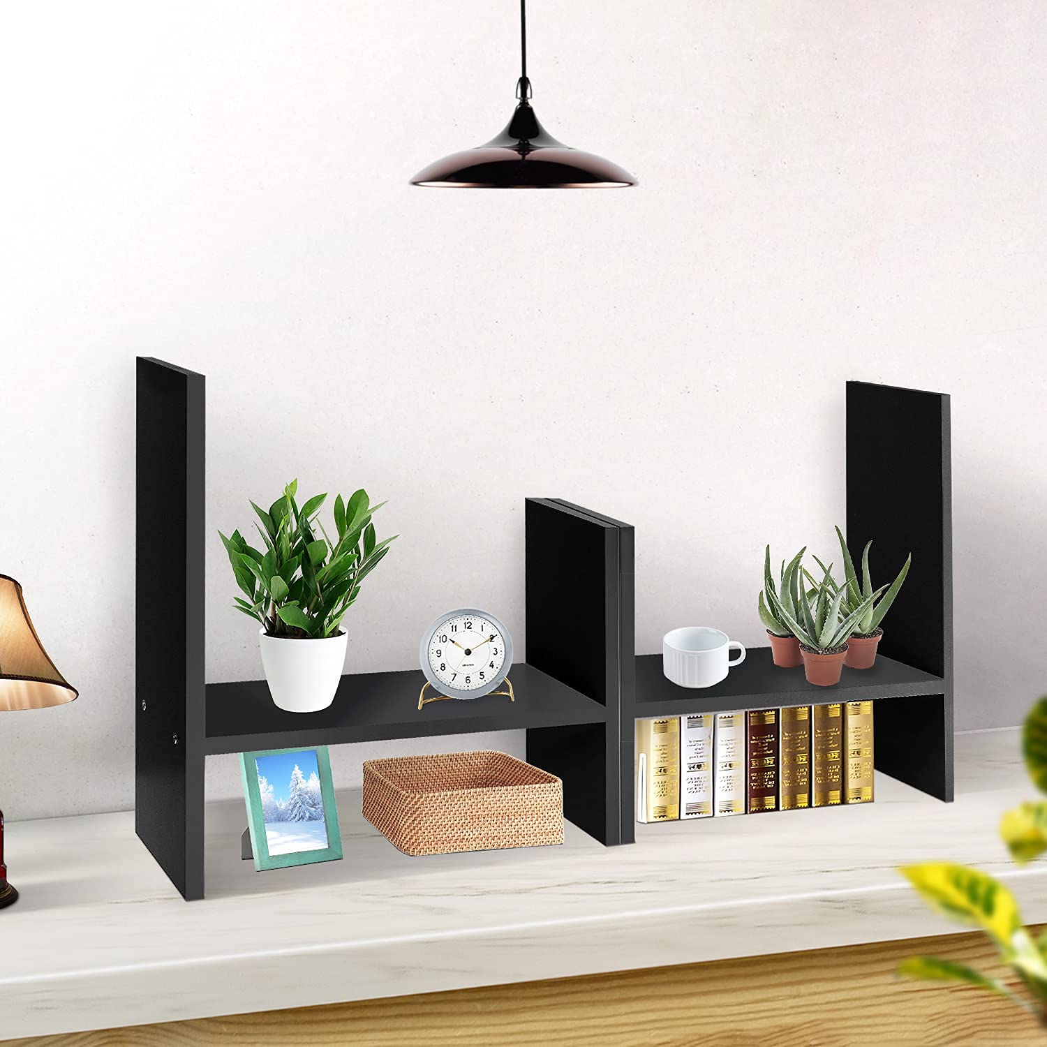 J.M.Deco Adjustable Desktop Organizer Shelf - Double H Display Office Storage | True Natural Wood Stand Shelf in Black | Perfect for Desk Organization & Home Office Accessories