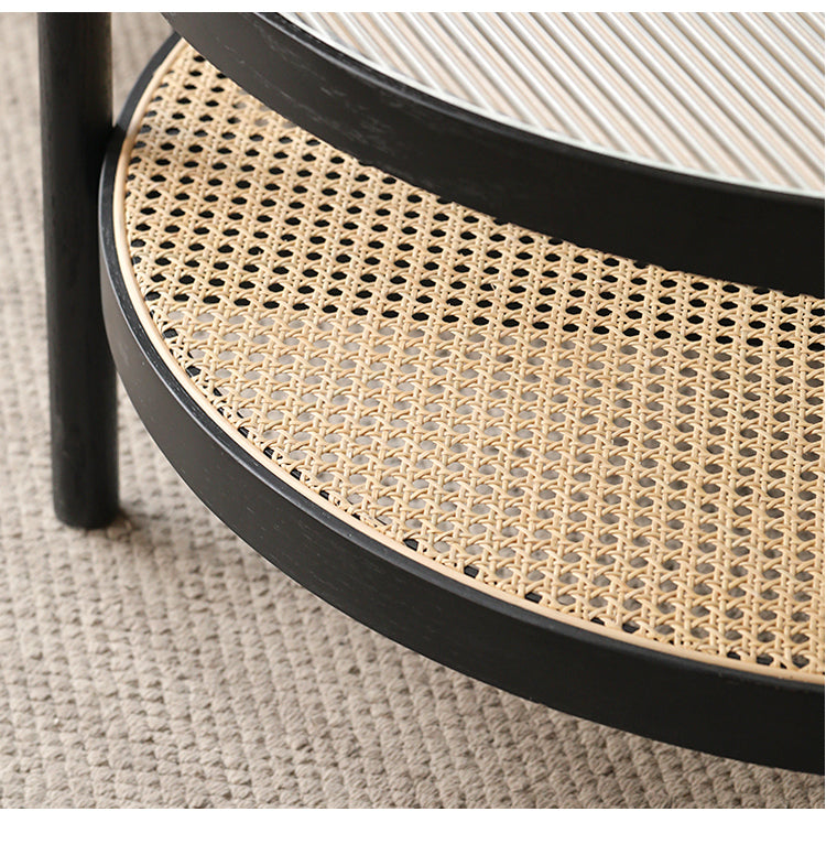 Solid Oak Wood Rattan Black Glass Round Coffee Table - Modern Living Room Centerpiece for Home Decor