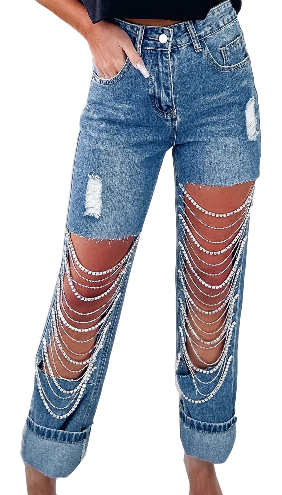 Hotheart Women's Sexy Ripped Distressed Rhinestone Chain Denim Jeans - Trendy Party Clubwear for Night Out & Casual Street Style