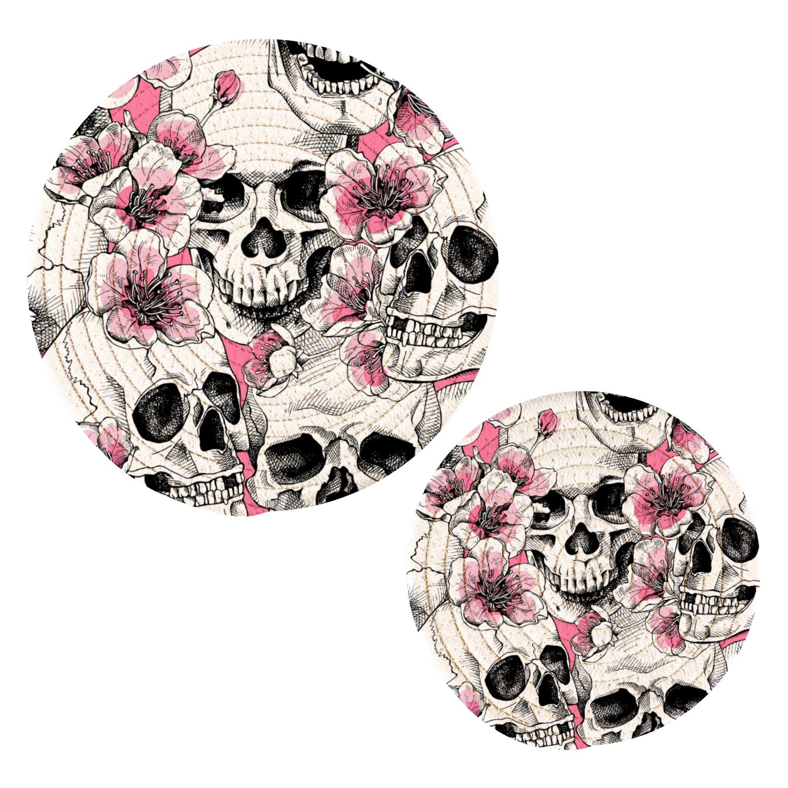 Gothic Skull Flower Pot Holders & Trivets Set - 2PCS Heat Resistant Kitchen Potholders for Cooking, Baking & Decor - Perfect for Hot Pans, Bowls, Teapots & Dishes - Ideal for Gothic & Halloween Kitchen Decor