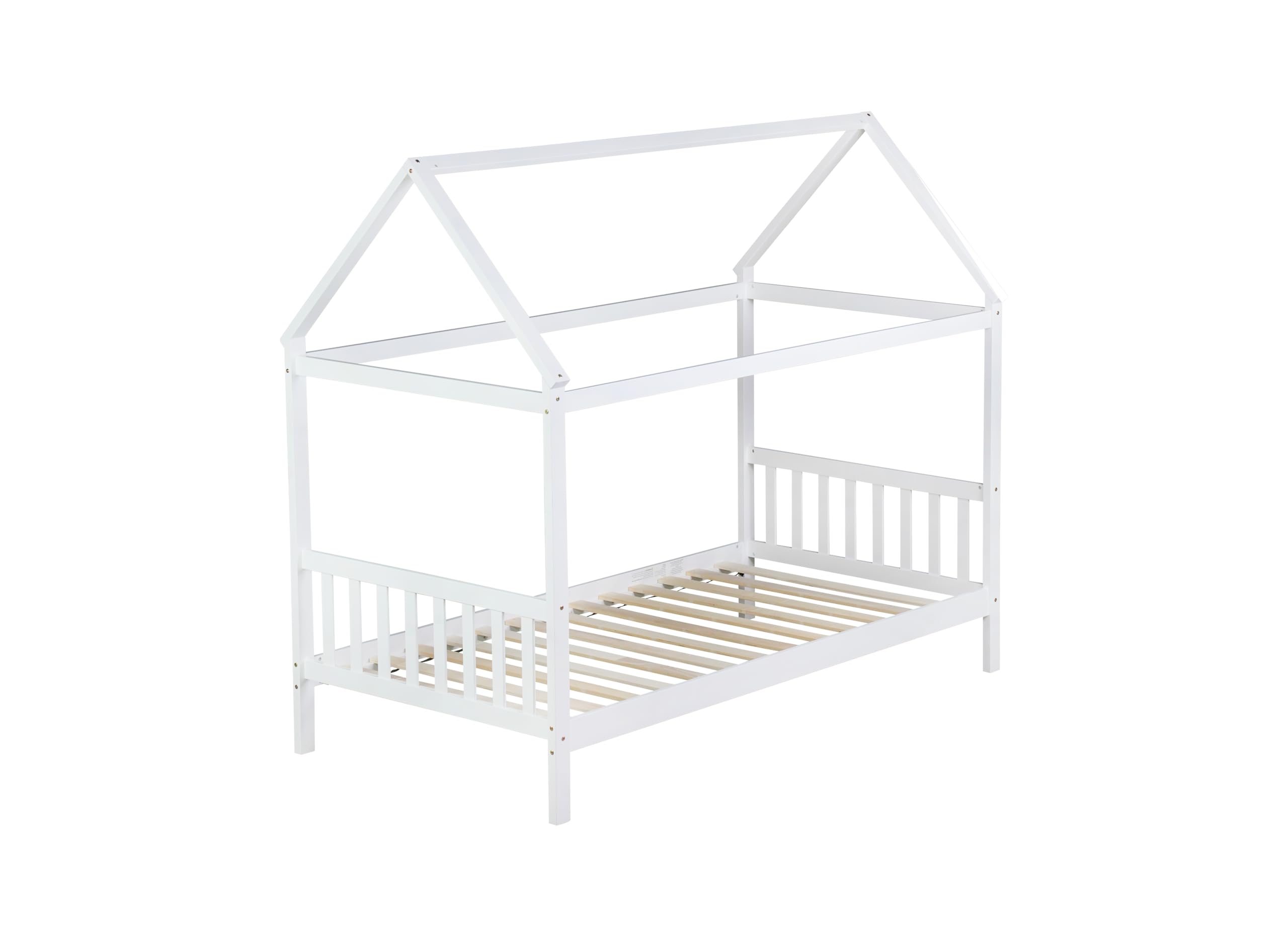 Montessori Twin Size House Bed for Kids - Solid Rubber Wood Platform Bed with Headboard, Footboard & Roof - Low Profile Bed Frame for Girls, Boys & Teens - Ideal for Bedrooms, Playrooms & Montessori Learning Spaces - White