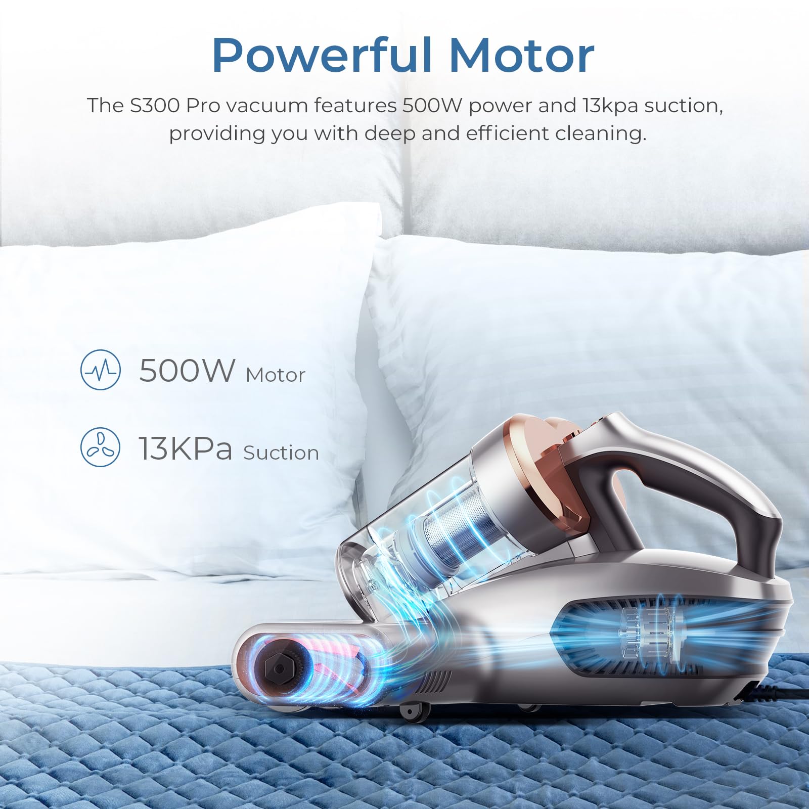 **500W 13KPa Powerful Bed Vacuum Cleaner with UV Sterilization, Ultrasonic & High Heat - Anti-Allergen Dust Sensor Mattress Vacuum for Deep Cleaning (S300 Pro, Corded) - Perfect for Allergy Relief, Pet Hair Removal & Home Sanitization**