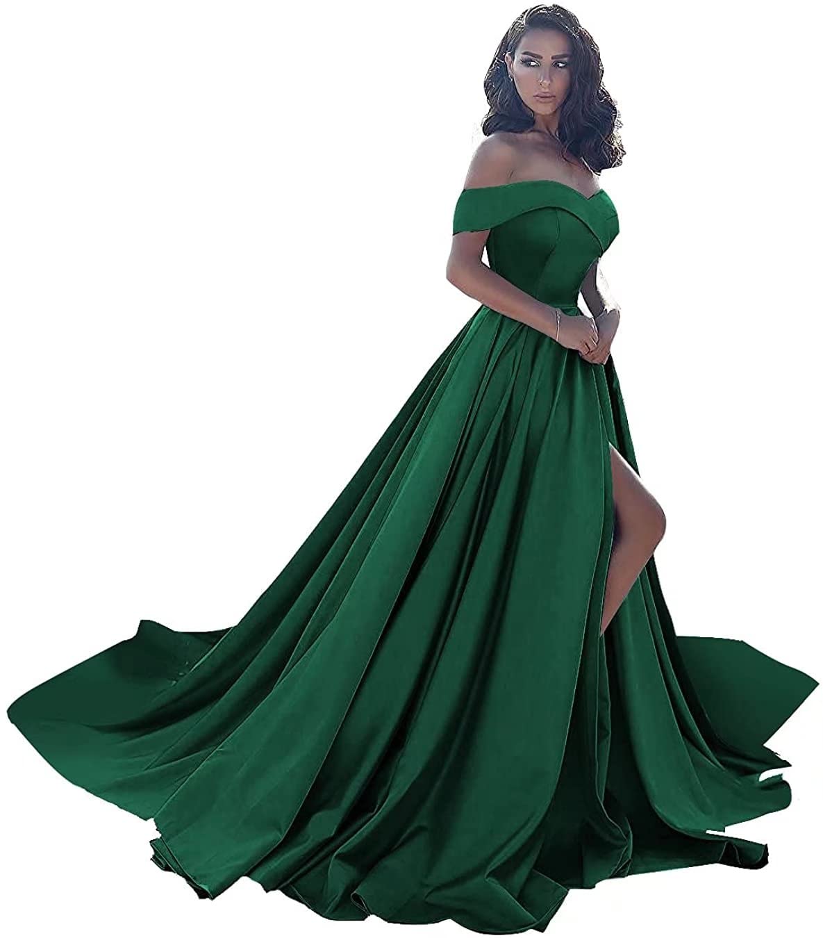 Elegant Plus Size Prom Dress for Women - Off Shoulder Emerald Green Satin Ball Gown with Thigh High Slit, Size 24W | Perfect for Homecoming, Evening Gala & Formal Events