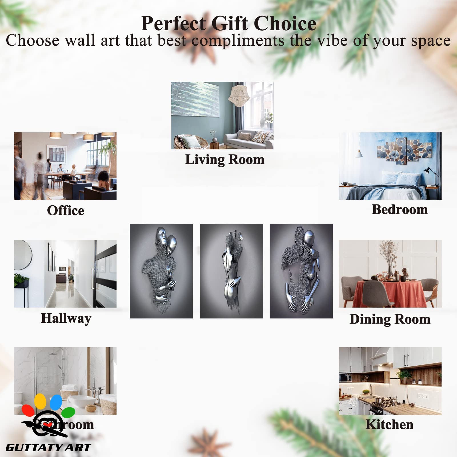 3D Metal Heart Wall Art - Gray & Silver Modern Wall Decor for Living Room, Bedroom - Romantic Couples Canvas Art (24