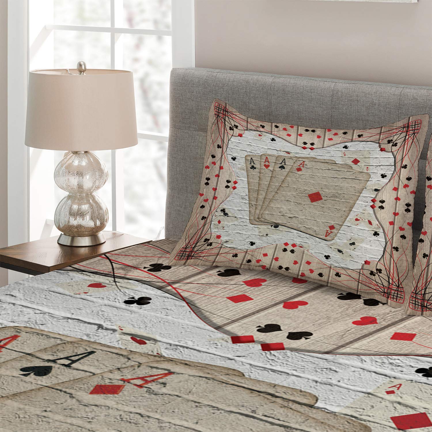 Ambesonne Casino Themed Quilted Bedspread Set - King Size 3-Piece Coverlet with 2 Pillow Shams, Lucky Gambling Cards Design on Grunge Wooden & Brick Background in Vermilion Charcoal Grey | Perfect for Casino Night Decor, Themed Bedrooms & Gift for Poker Lovers