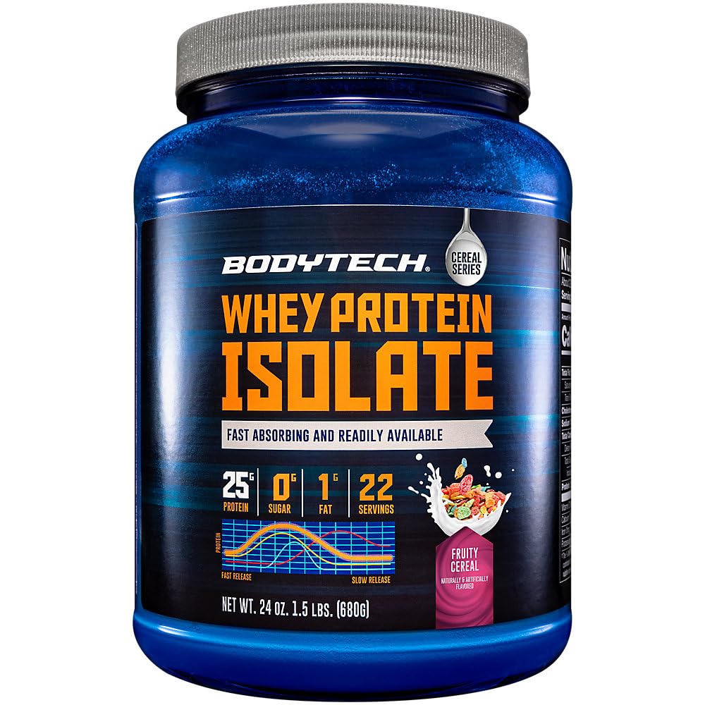 Bodytech Whey Protein Isolate Powder - Fruity Cereal Flavor (1.5 lbs, 23 Servings) | Low Carb High Protein Supplement for Muscle Recovery & Post-Workout | Perfect for Gym, Fitness & Weight Loss