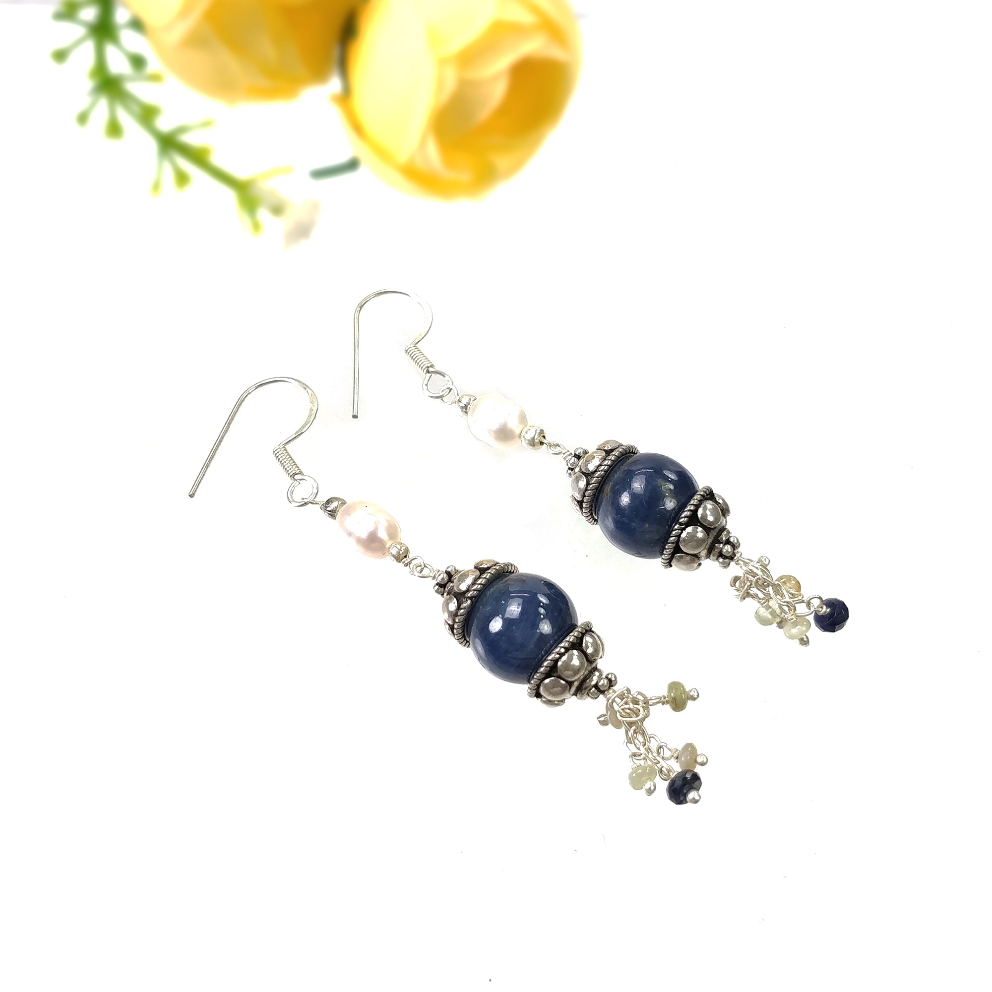 925 Sterling Silver Blue Sapphire Gemstone Beaded Earrings with Natural Pearl Drop - 13.28g Dangle Hook Earrings for Women | Perfect for Weddings, Parties & Special Occasions