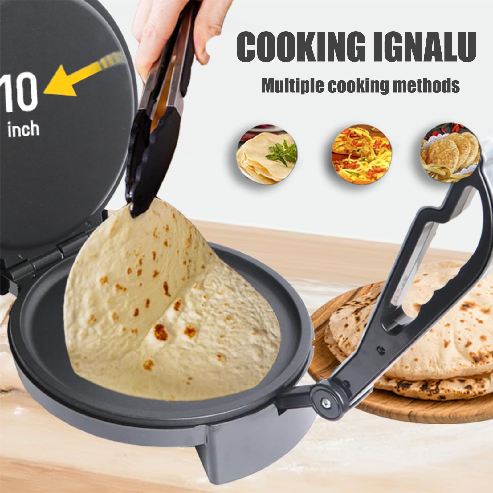 Electric Roti Maker Machine - 10 Inch Non-Stick Tortilla Press with Adjustable Temperature & Removable Handle - Perfect for Making Roti, Chapati, Tortillas at Home or Restaurant