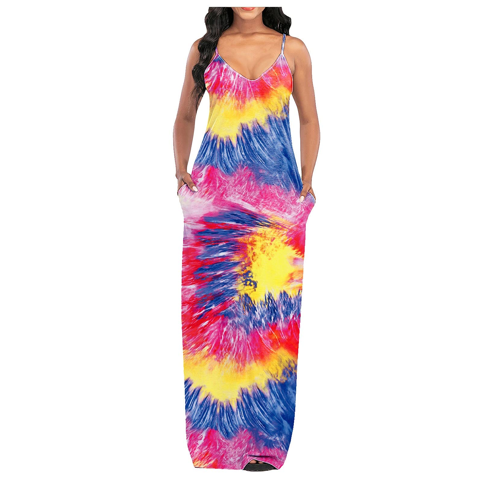 Tie-Dye Gradient Beach Dress for Women - Long Sleeveless Flowy Sun Dress in Orange | Perfect for Wedding Guest, Summer Vacation & Beach Party Outfits