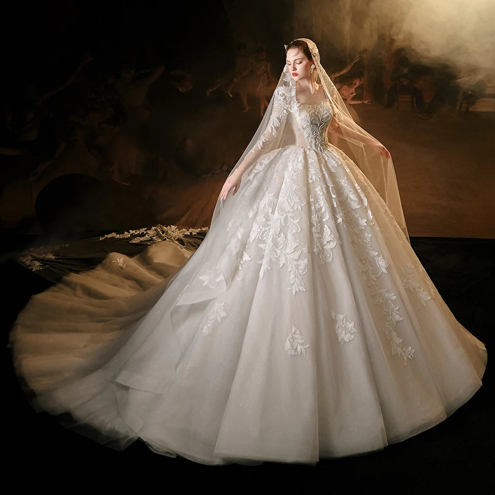 Elegant Princess Square Neck Full Sleeve Ball Gown Lace Up Wedding Dress - Perfect for Bridal Ceremonies, Formal Events & Fairy Tale Weddings