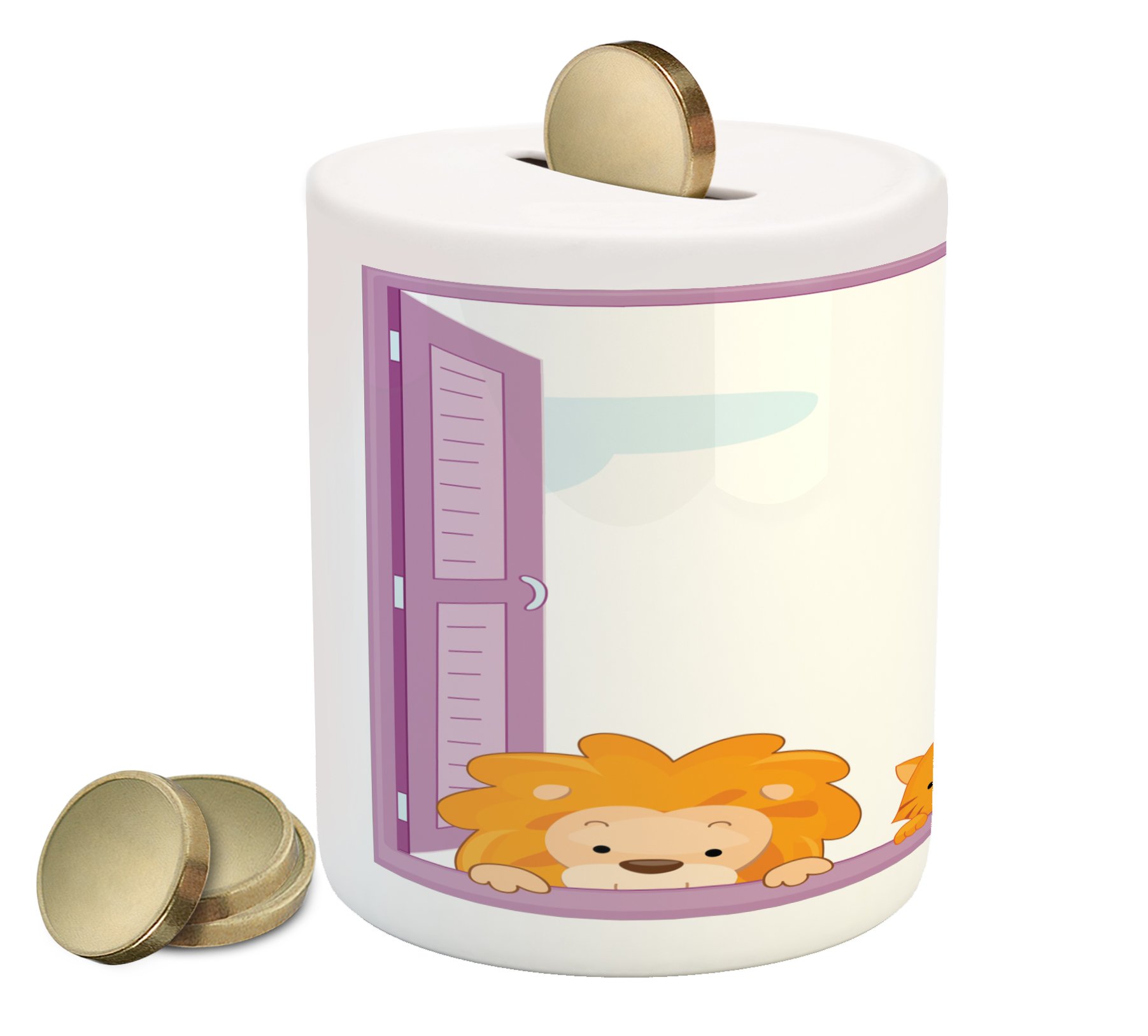 Ambesonne Zoo Piggy Bank - Colorful Animal Ceramic Coin Bank with Cartoon Cat, Monkey, Lion & Elephant Design - Money Box for Cash Saving & Kids Room Decor - Perfect Gift for Birthdays & Holidays