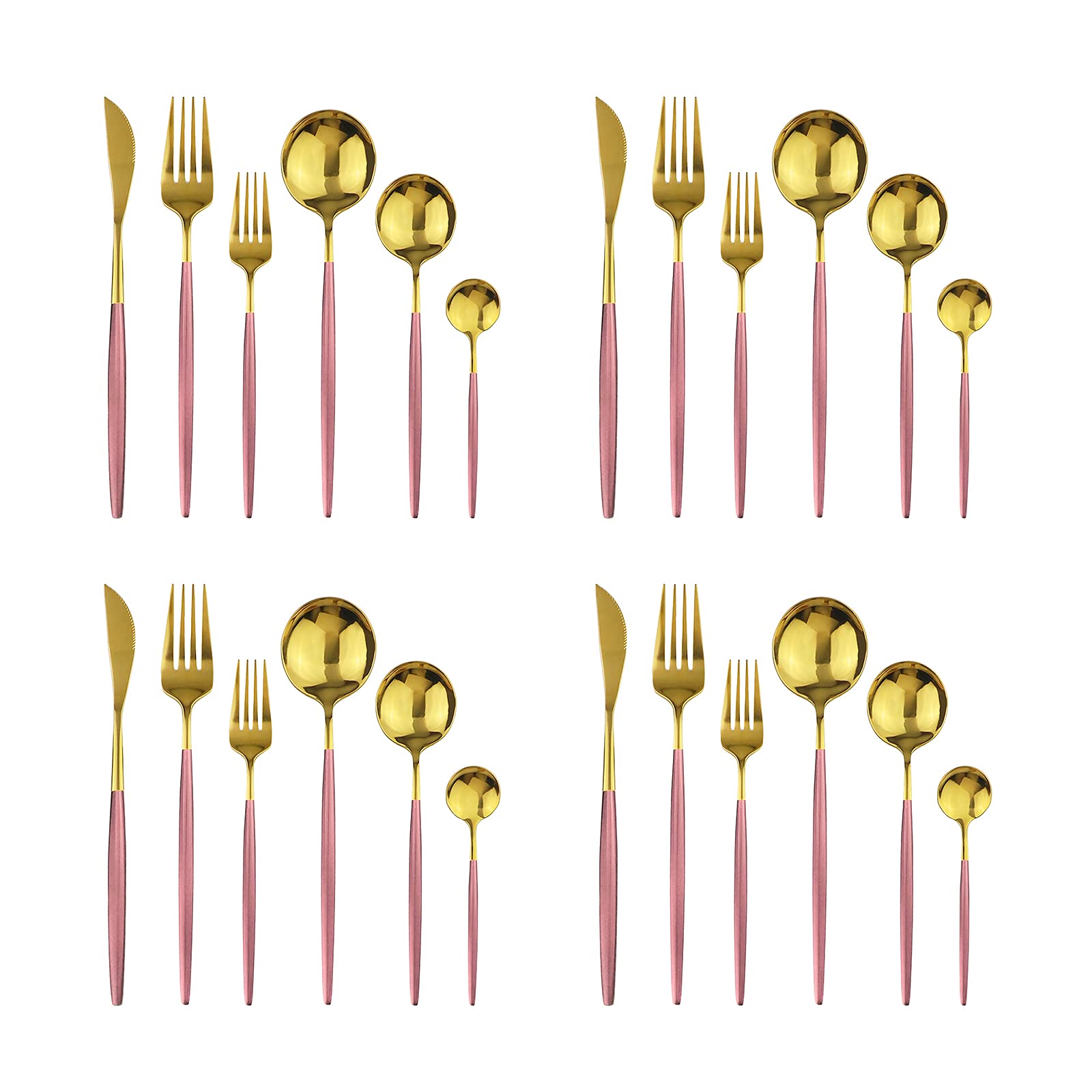 24-Piece Gold Mirror Silverware Set with Pink Handle - 18/0 Stainless Steel Flatware Cutlery (Knife, Fork, Spoon & Teaspoon) - Service for 4 - Elegant Dinnerware for Wedding, Party & Home Dining