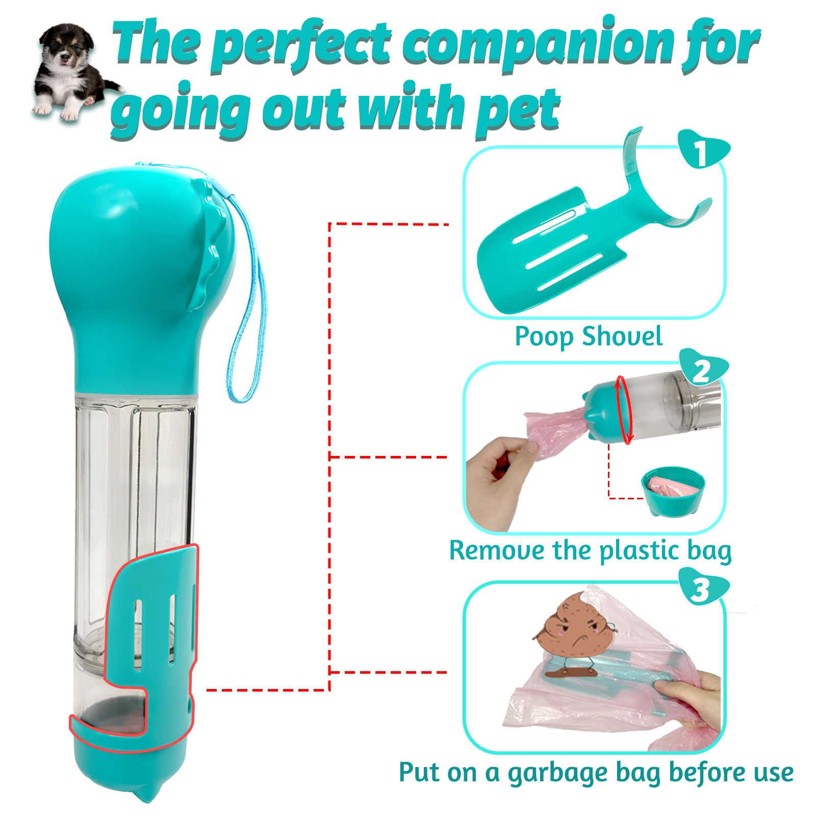 Portable Dog Water Bottle with Feeder and Collapsible Bowl - 12.1oz Leak Proof Travel Water Dispenser for Dogs - Includes Waste Bag Holder & Poop Bags - Perfect for Hiking, Camping, and Outdoor Adventures (Lake Blue)